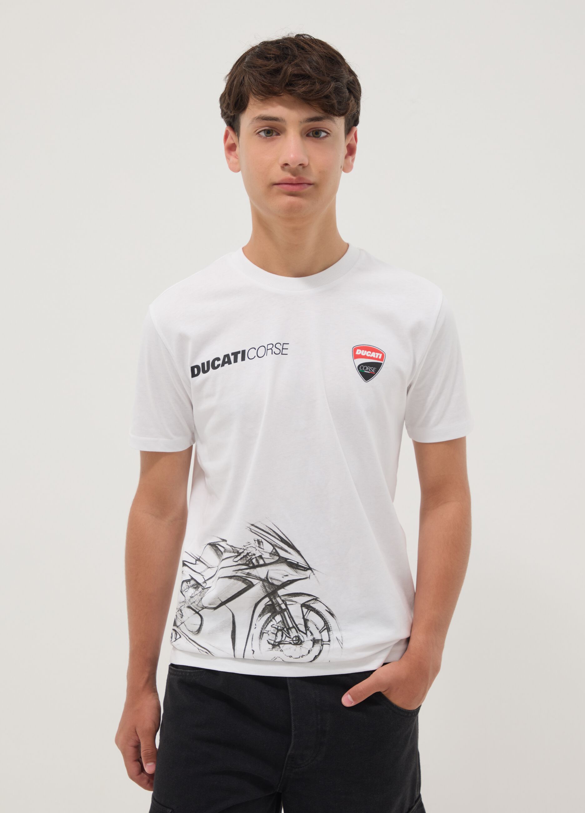 T-shirt bianca a maniche corte in misto cotone per ragazzo relaxed fit
