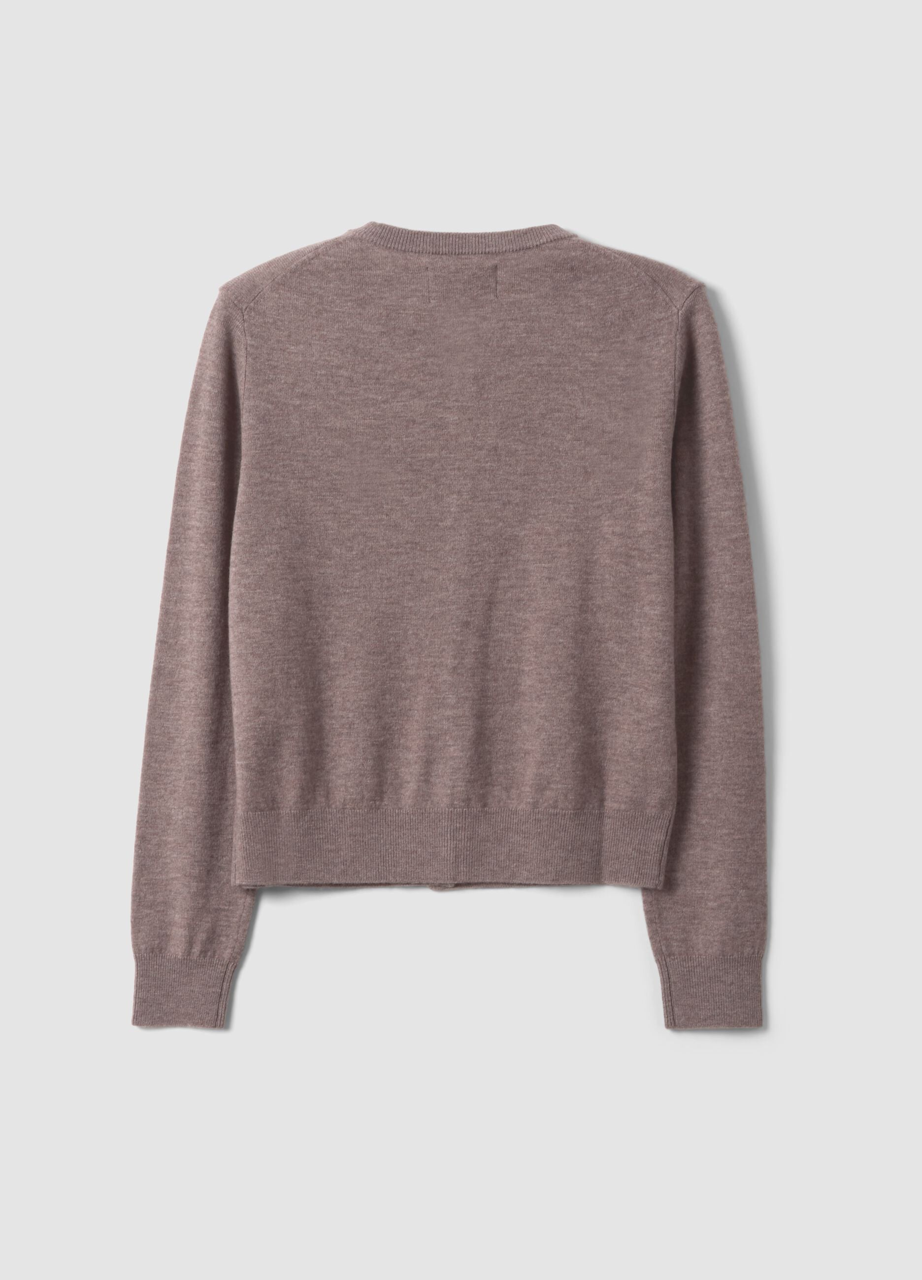 Grey pure wool crew-neck cardigan with buttons, regular fit