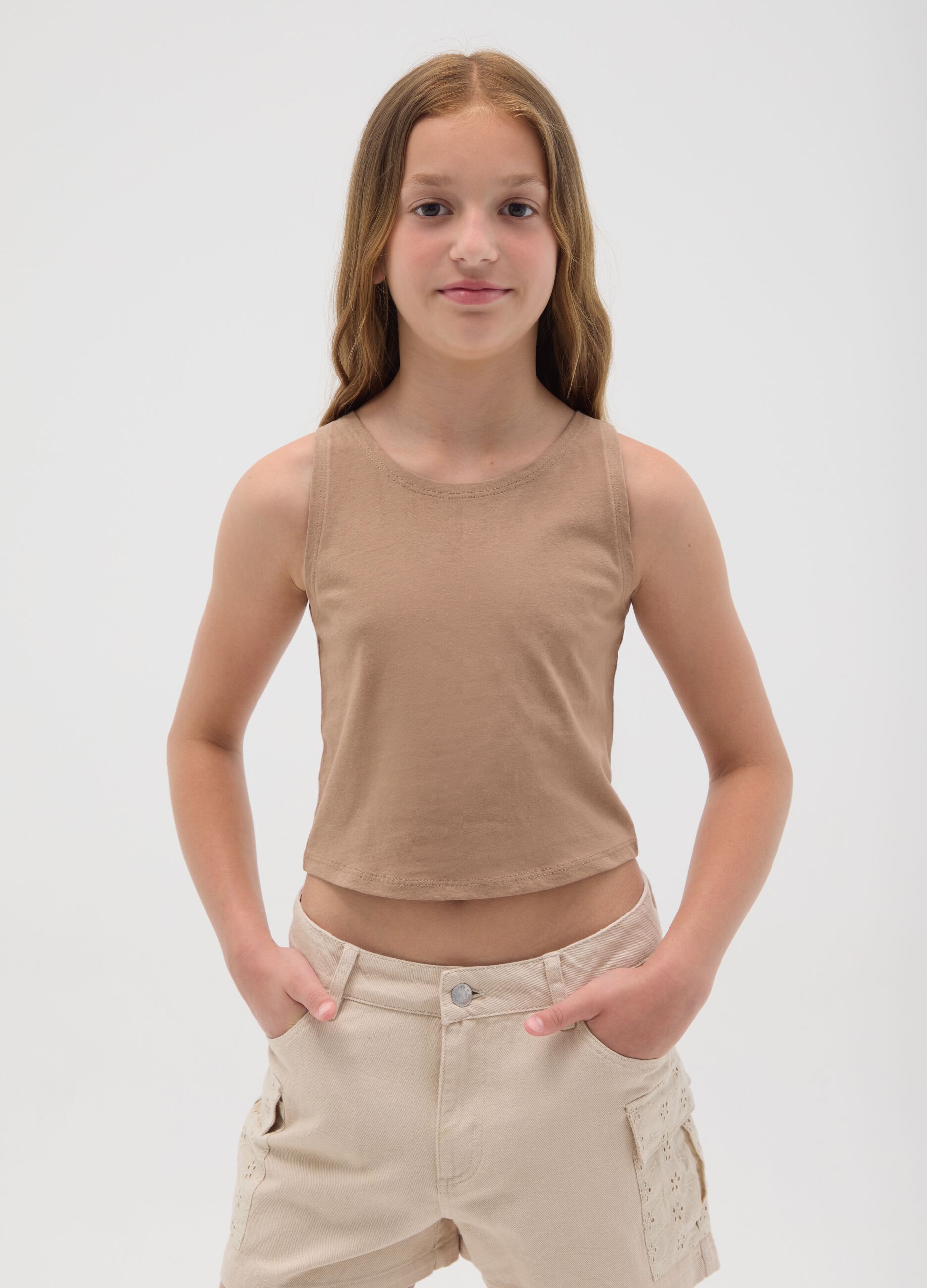 Brown regular fit girls' cotton crop top