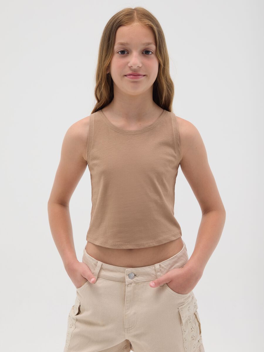 Brown regular fit girls' cotton crop top_0