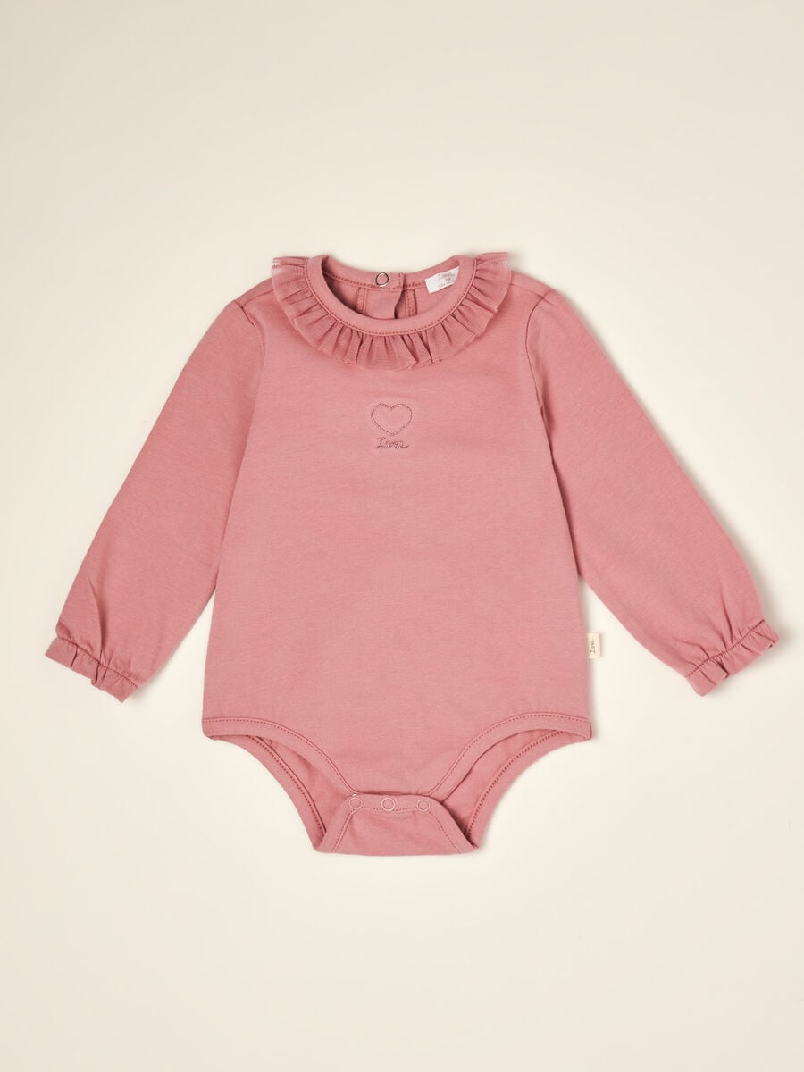 Pink organic stretch cotton bodysuit with ruffled crew neck_0