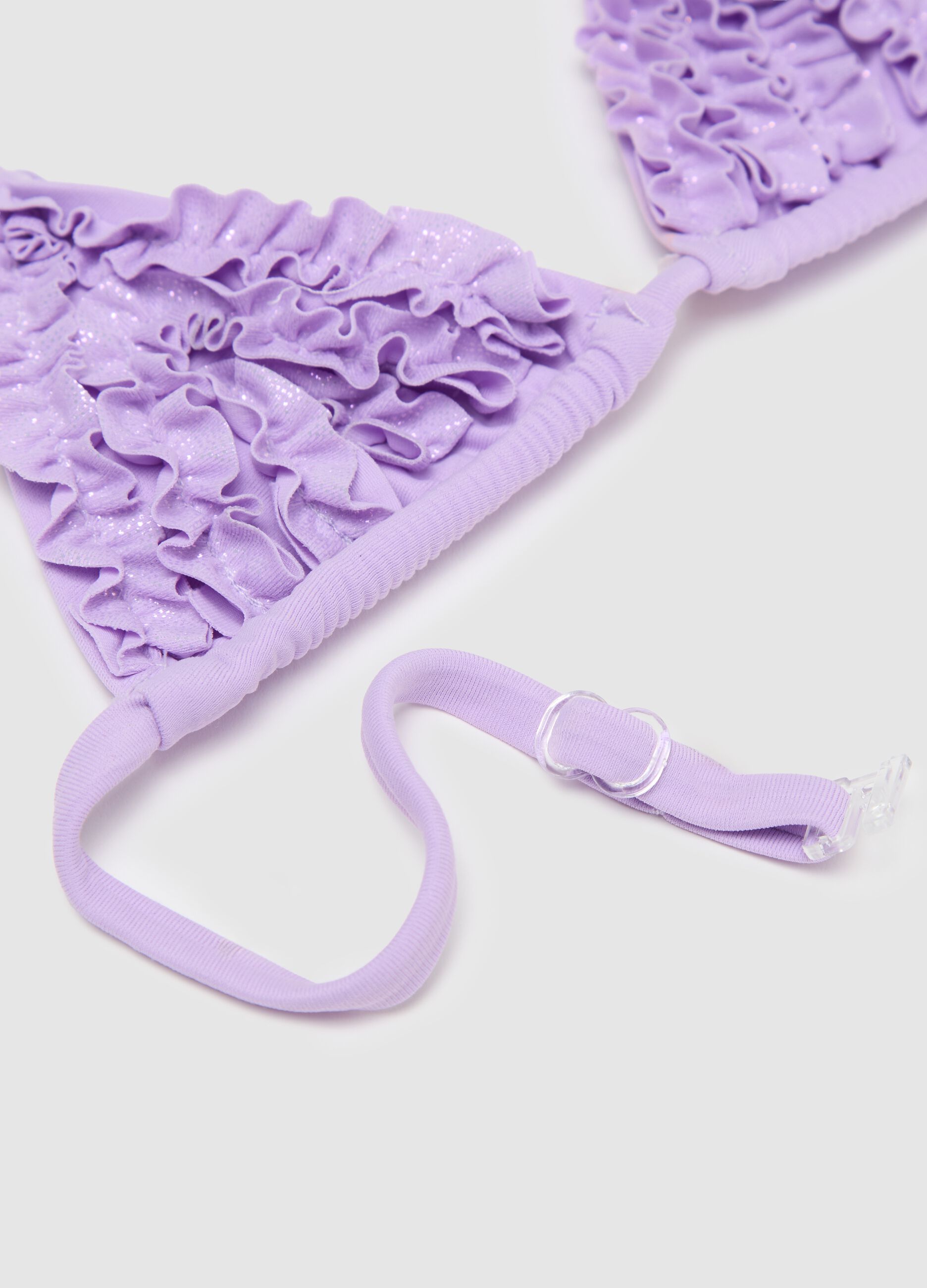 Girls' bikini in purple stretchy blend with ruffles and glitter
