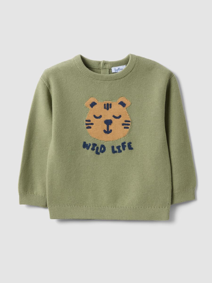 Children's green pure cotton regular fit jumper with tiger_0