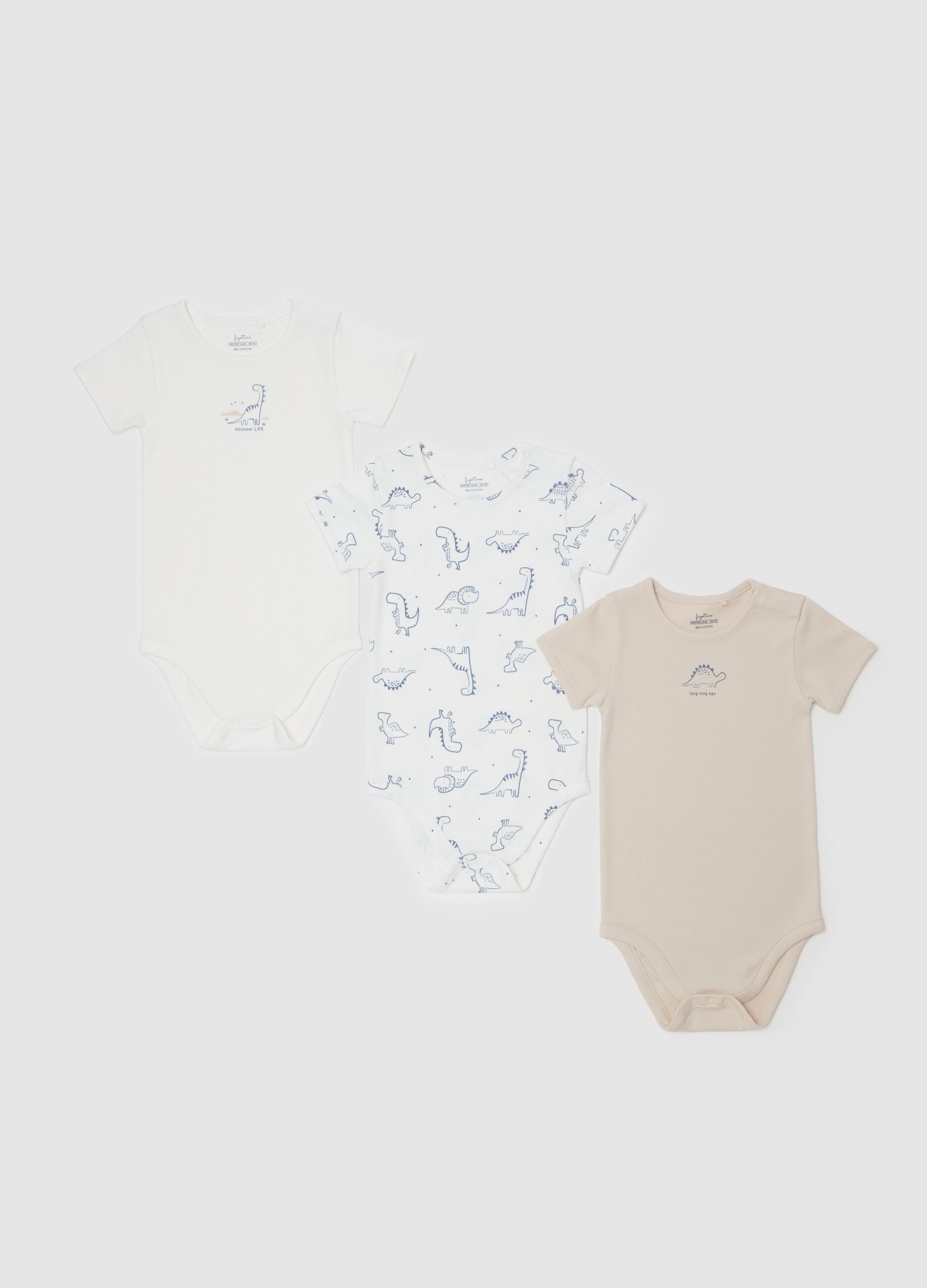 Three-pack organic cotton bodysuits with dinosaurs print