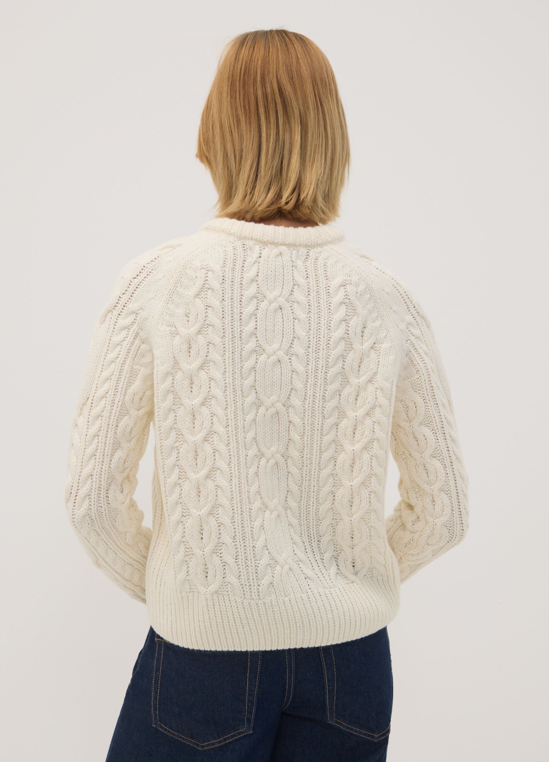 White wool-blend cable-knit crew-neck jumper