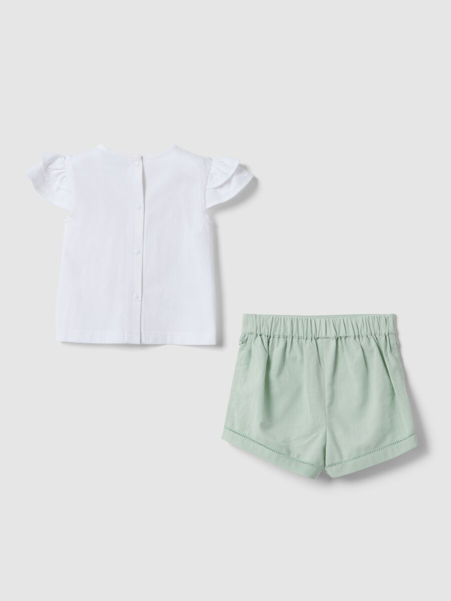 Set in misto cotone e lino multicolor da neonata con fiori applicati_1