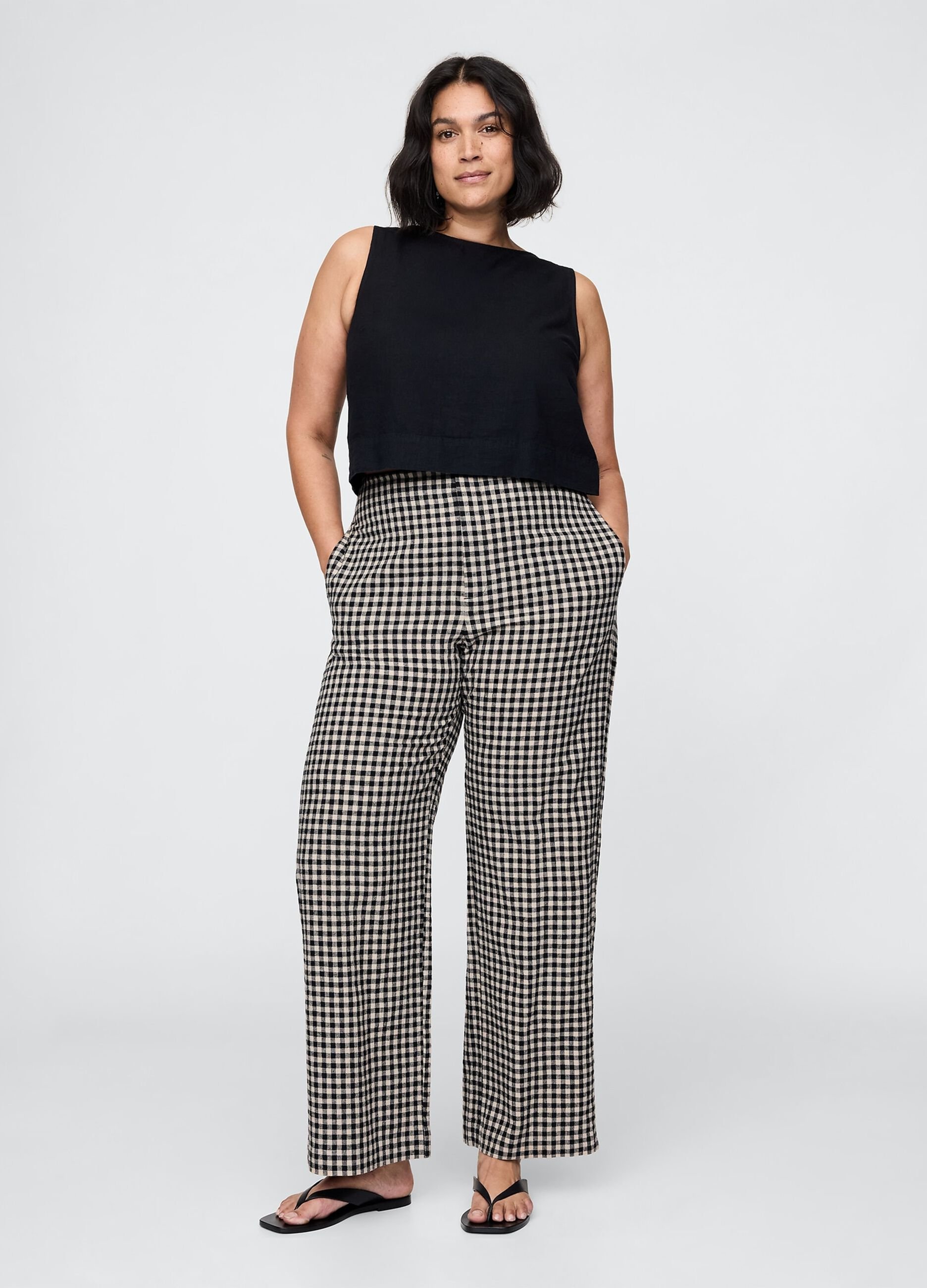 Brown and black check trousers in linen and viscose