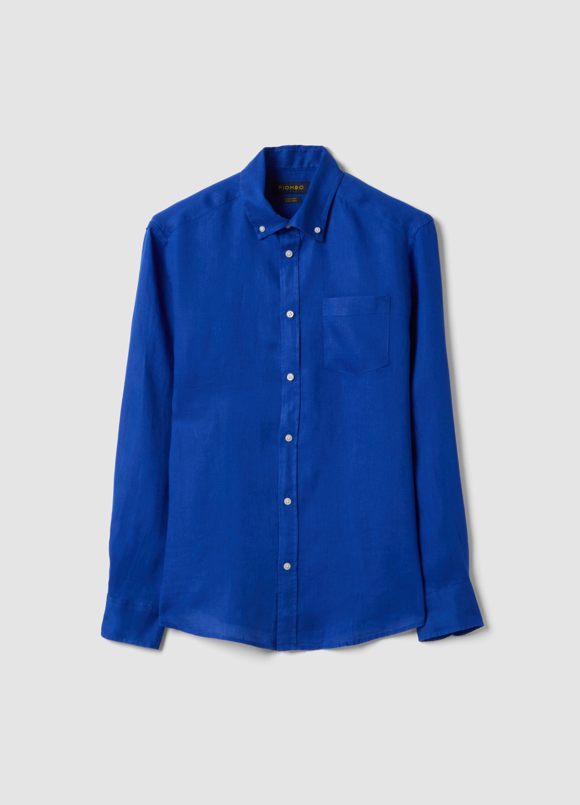 Blue pure linen shirt with button-down collar, regular fit