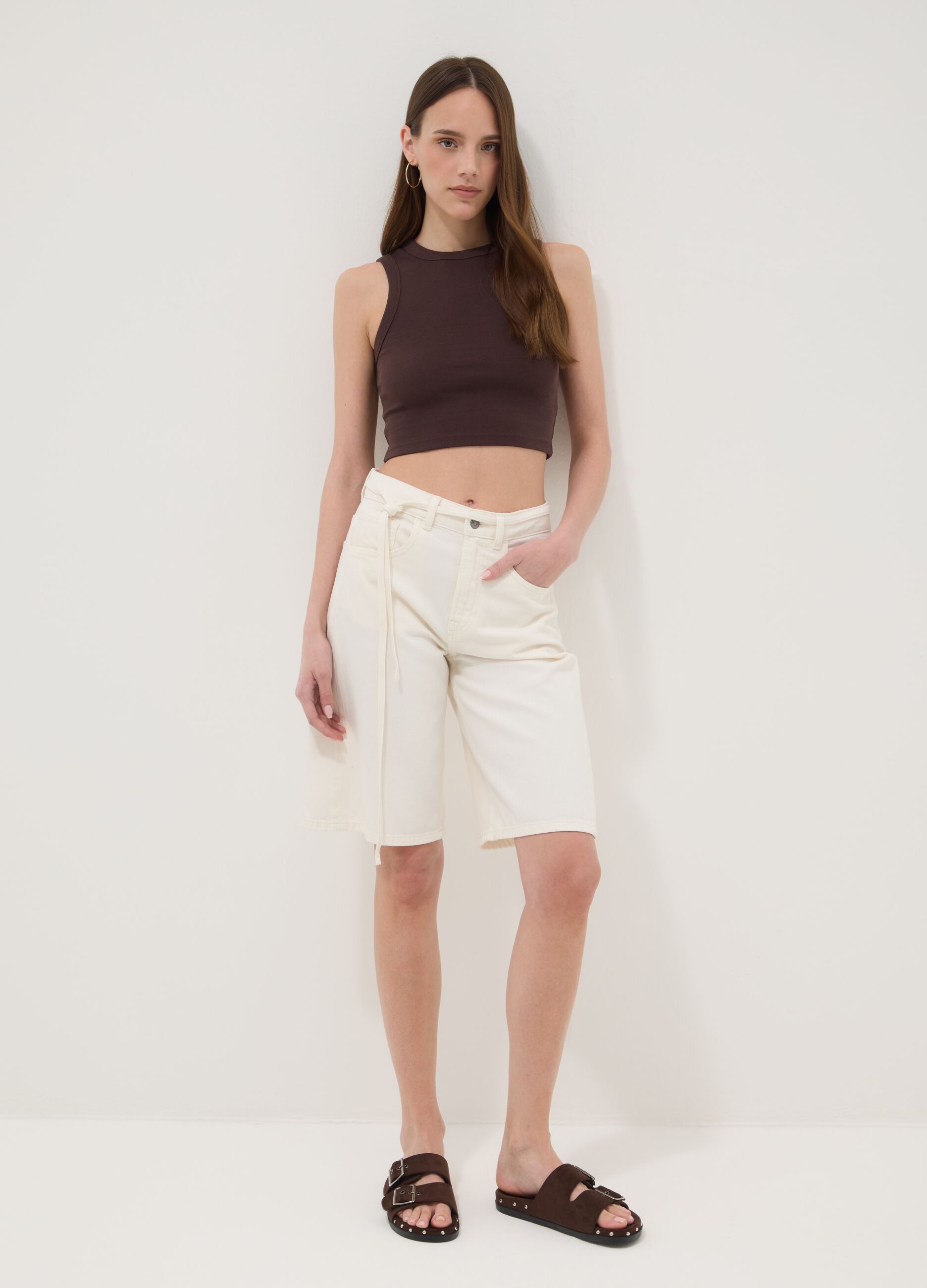 Brown cotton-stretch cropped tank top