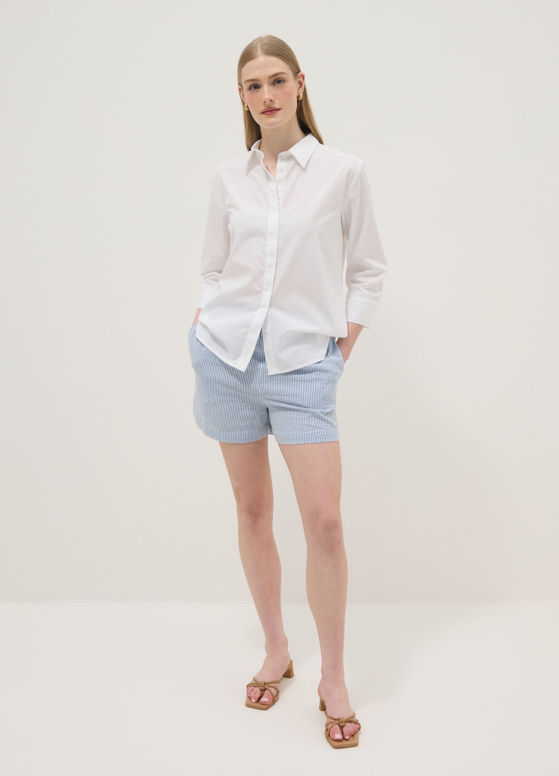 Regular-fit pure cotton shorts with yellow and white stripes