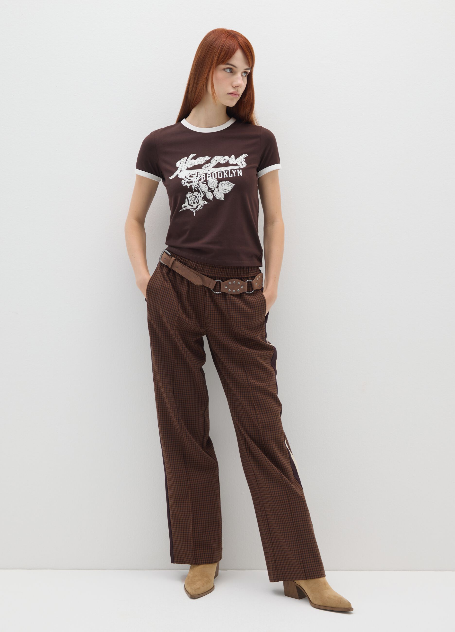 Brown regular fit stretch cotton t-shirt