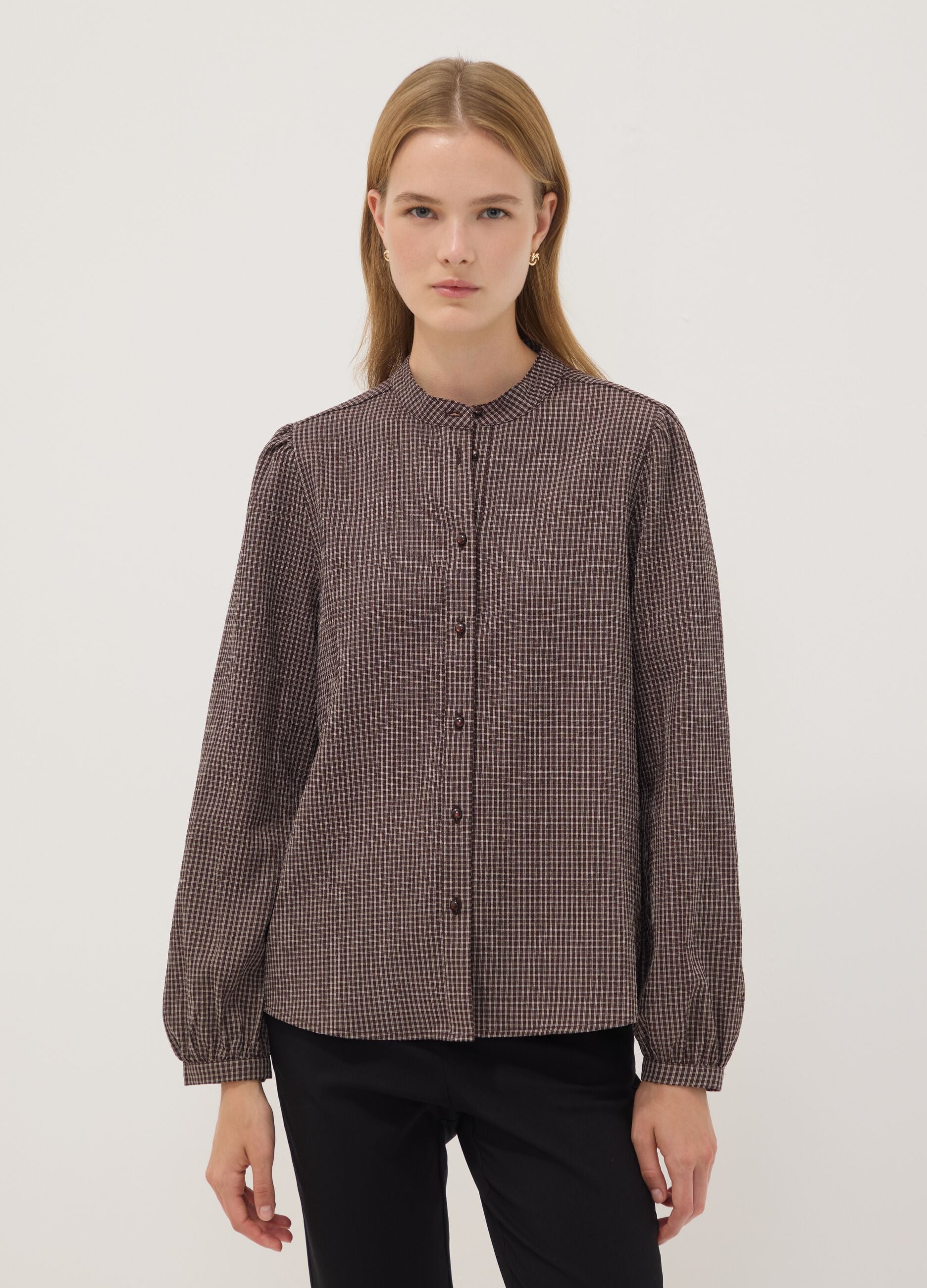 Brown stretch viscose shirt with Mandarin collar