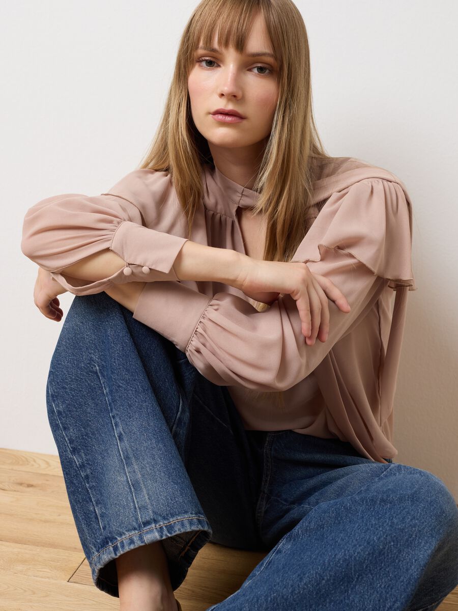 Beige Crepe Regular Fit Blouse with Ruffles_0