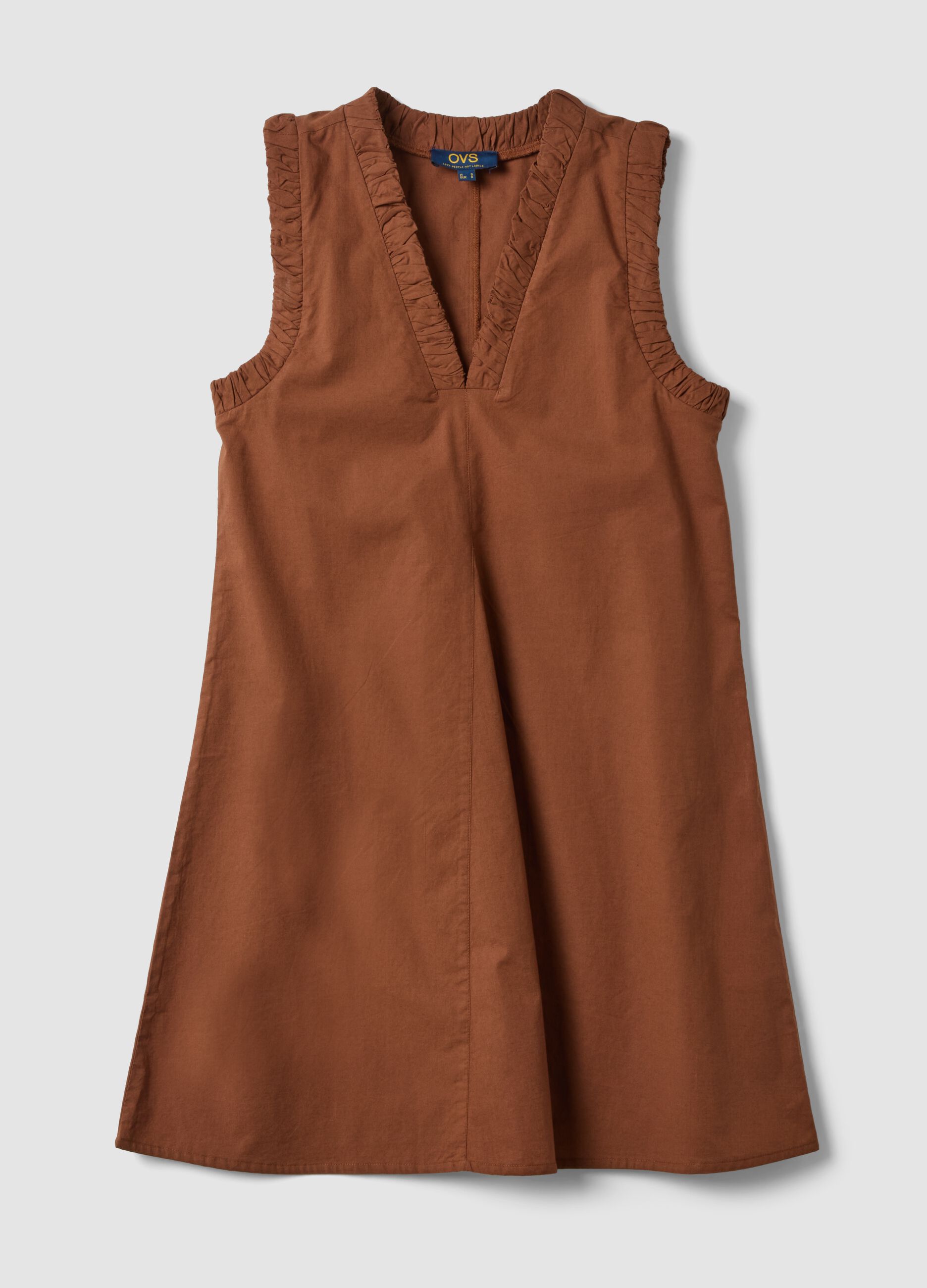 Brown pure cotton regular-fit mini dress with ruched V-neck