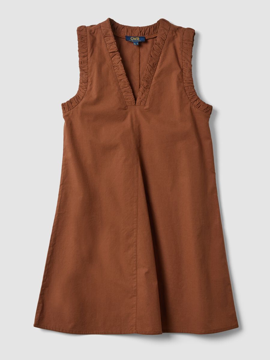 Abito mini marrone in puro cotone regular con scollo a V arricciato_4
