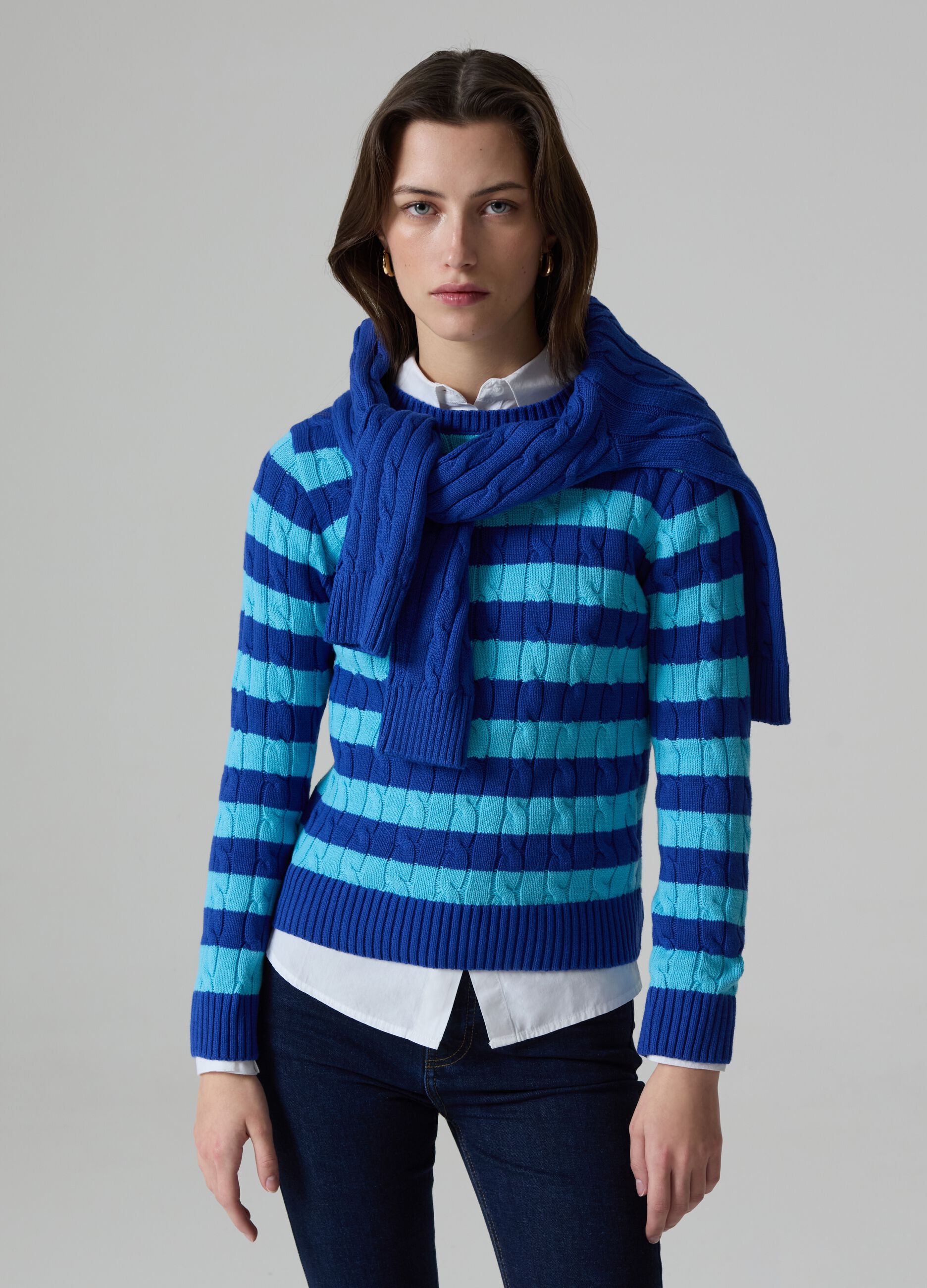 Striped pullover with cable-knit design