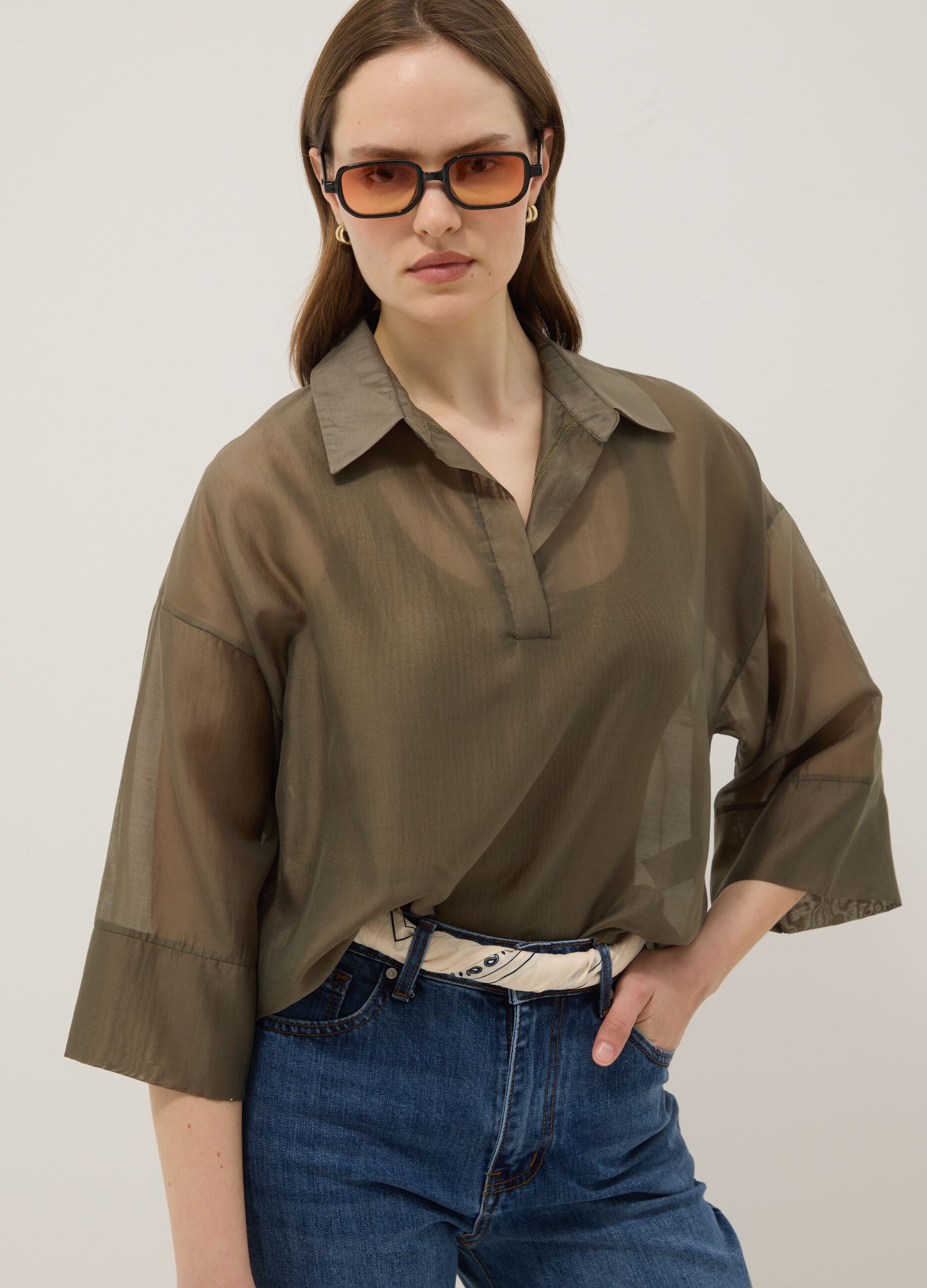 Green long-sleeve viscose-blend blouse, regular fit