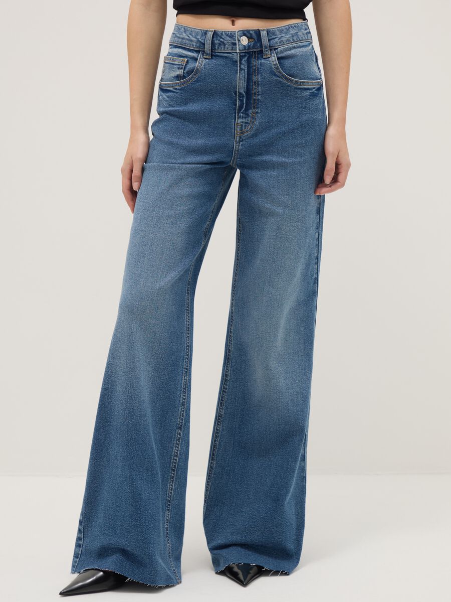 Wide leg stretch cotton blue jeans_1