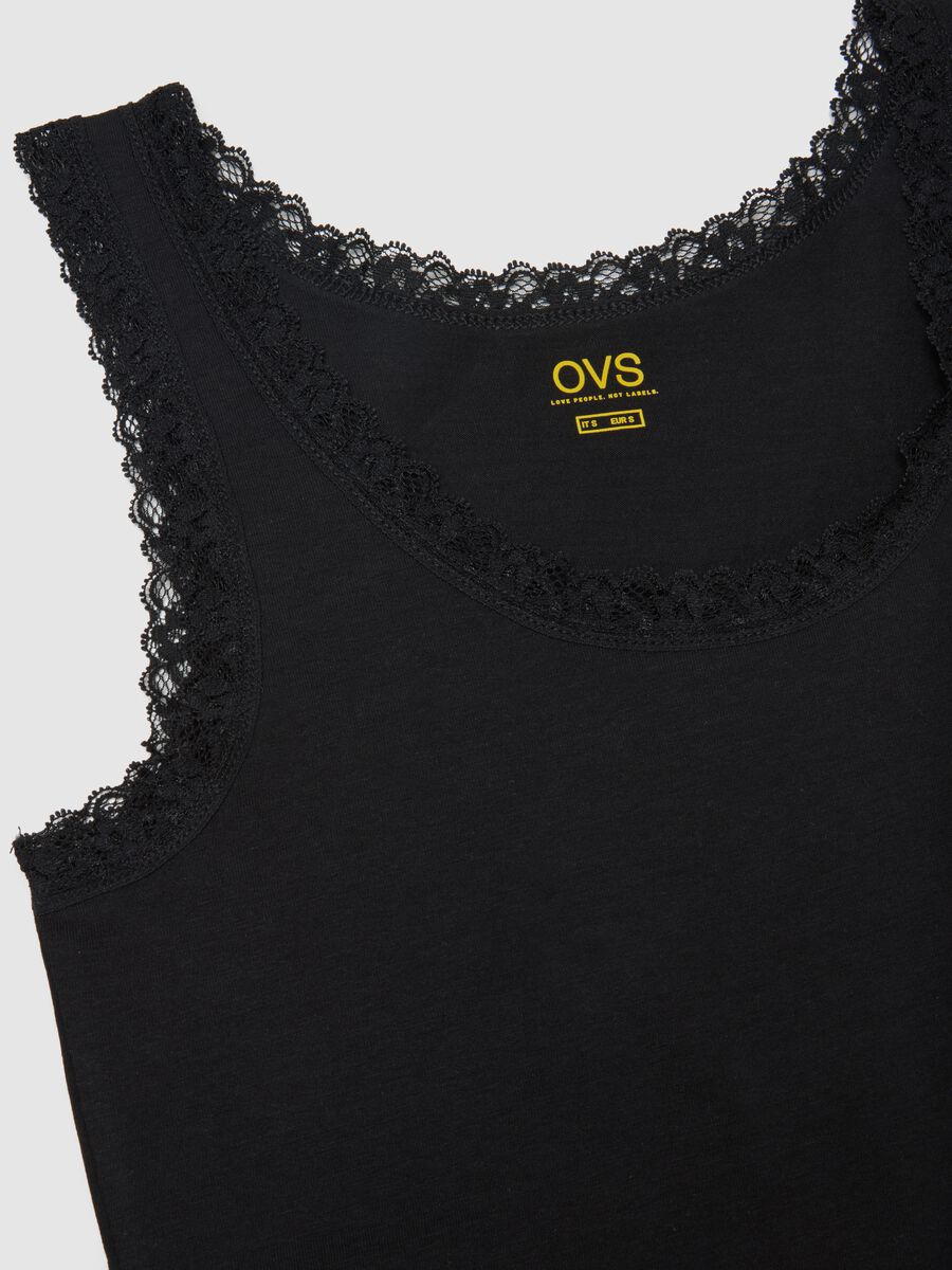 Canottiera in cotone elasticizzato nero regular fit con bordo in pizzo_5