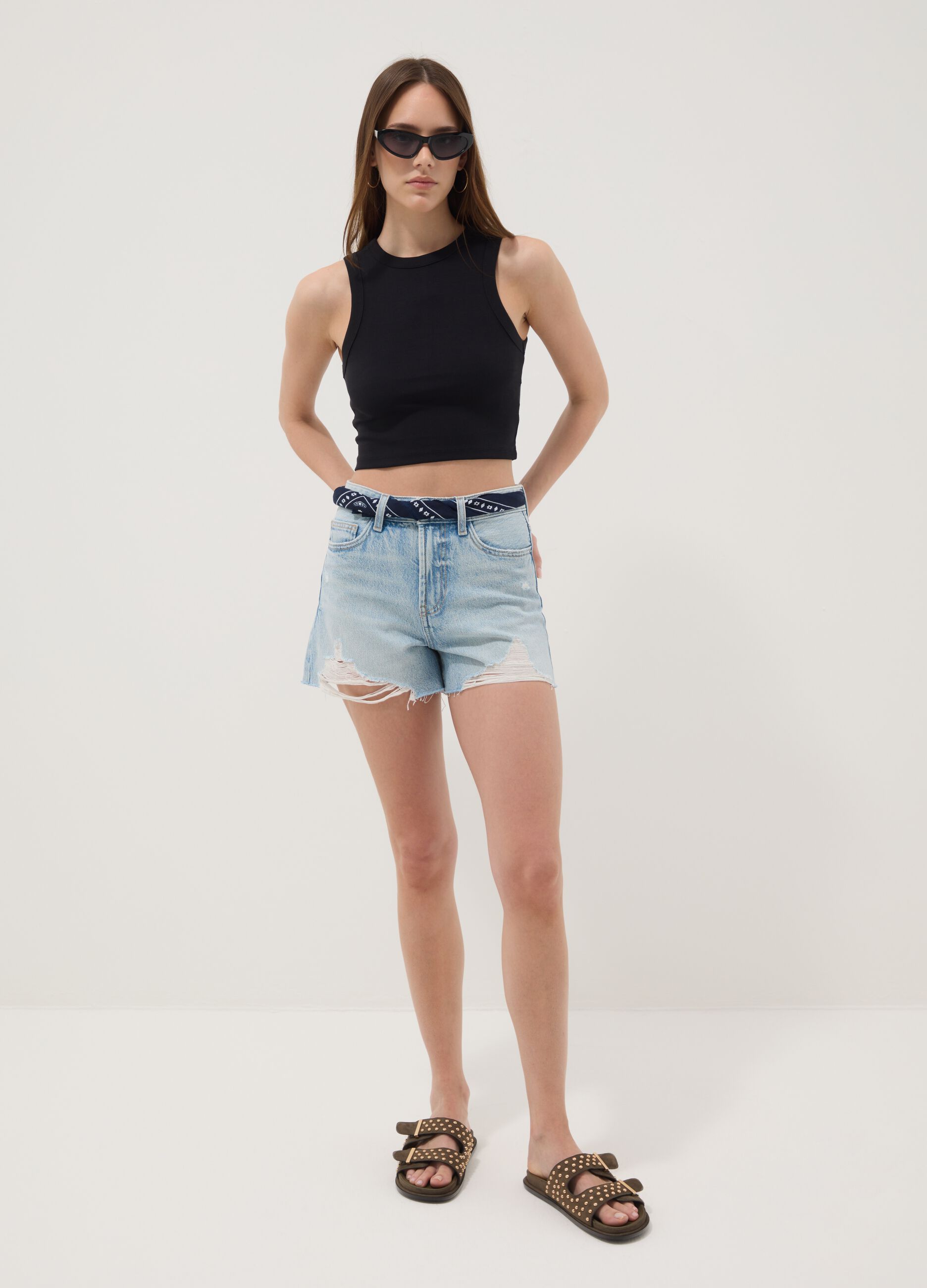 Black cropped stretch cotton tank top