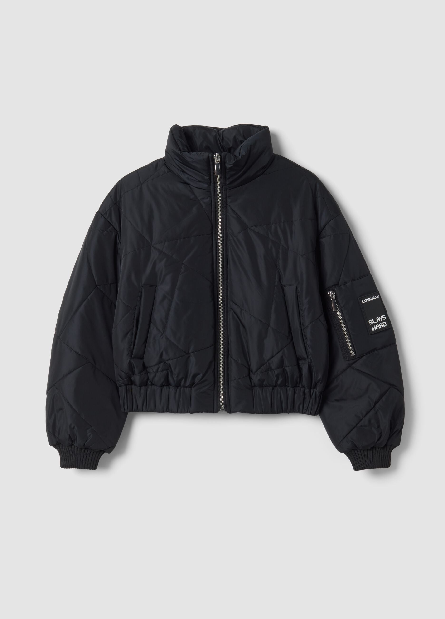 Black padded jacket with zip and high neck