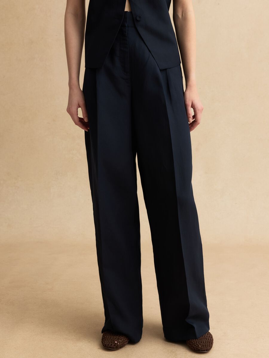 Elegant Blue Lyocell and Linen Wide Leg Trousers_1