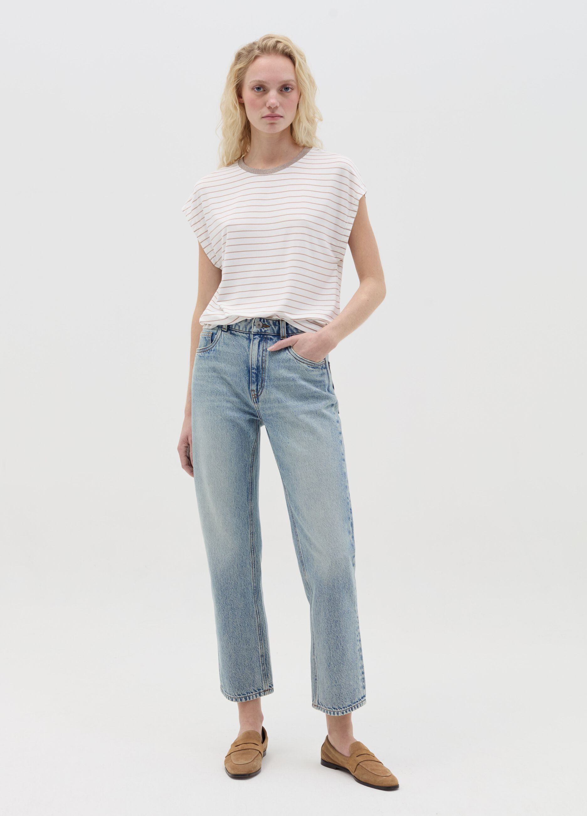 White and beige striped T-shirt with short sleeves