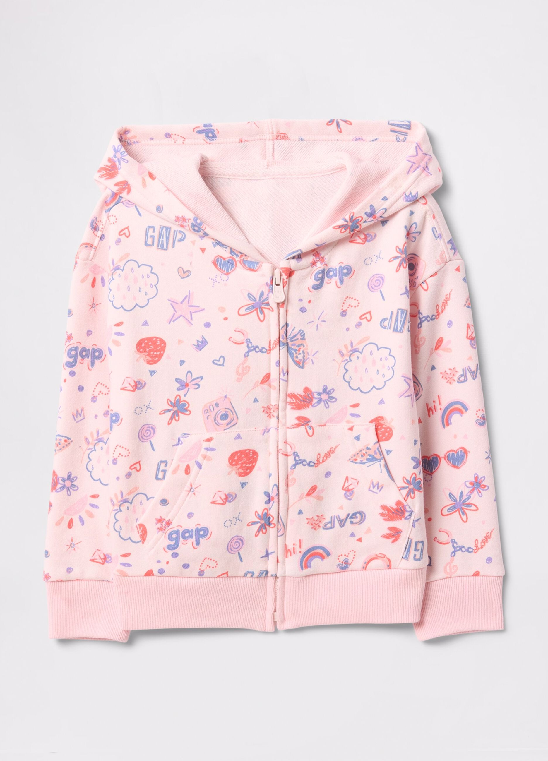 Pink full-zip sweatshirt with hood and all-over print