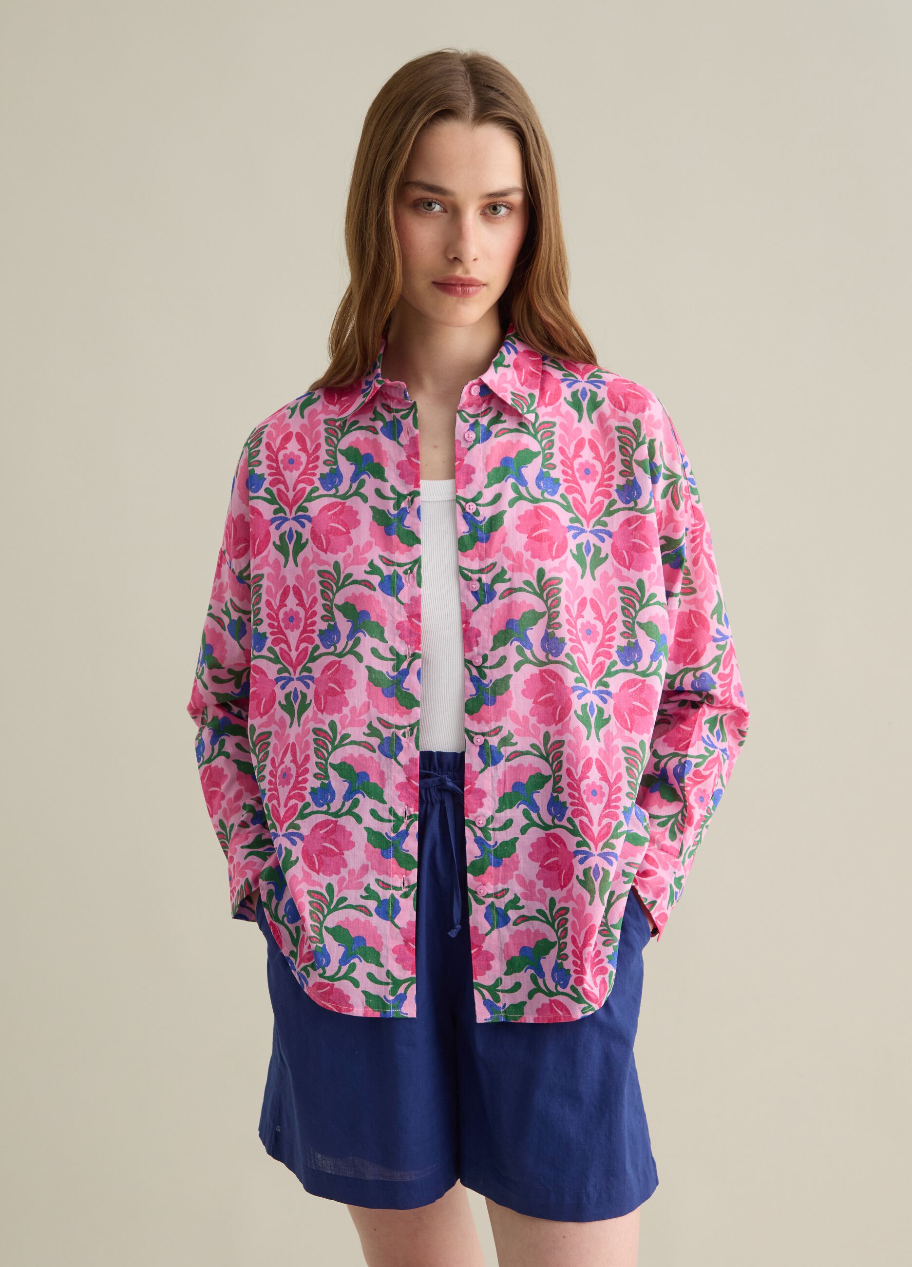 Cotton Shirt with Pink and Green Floral Print