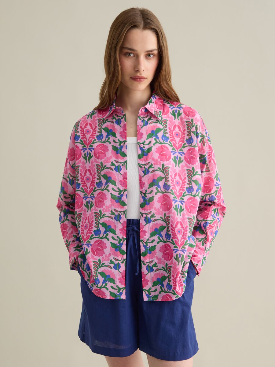 Cotton Shirt with Pink and Green Floral Print_0