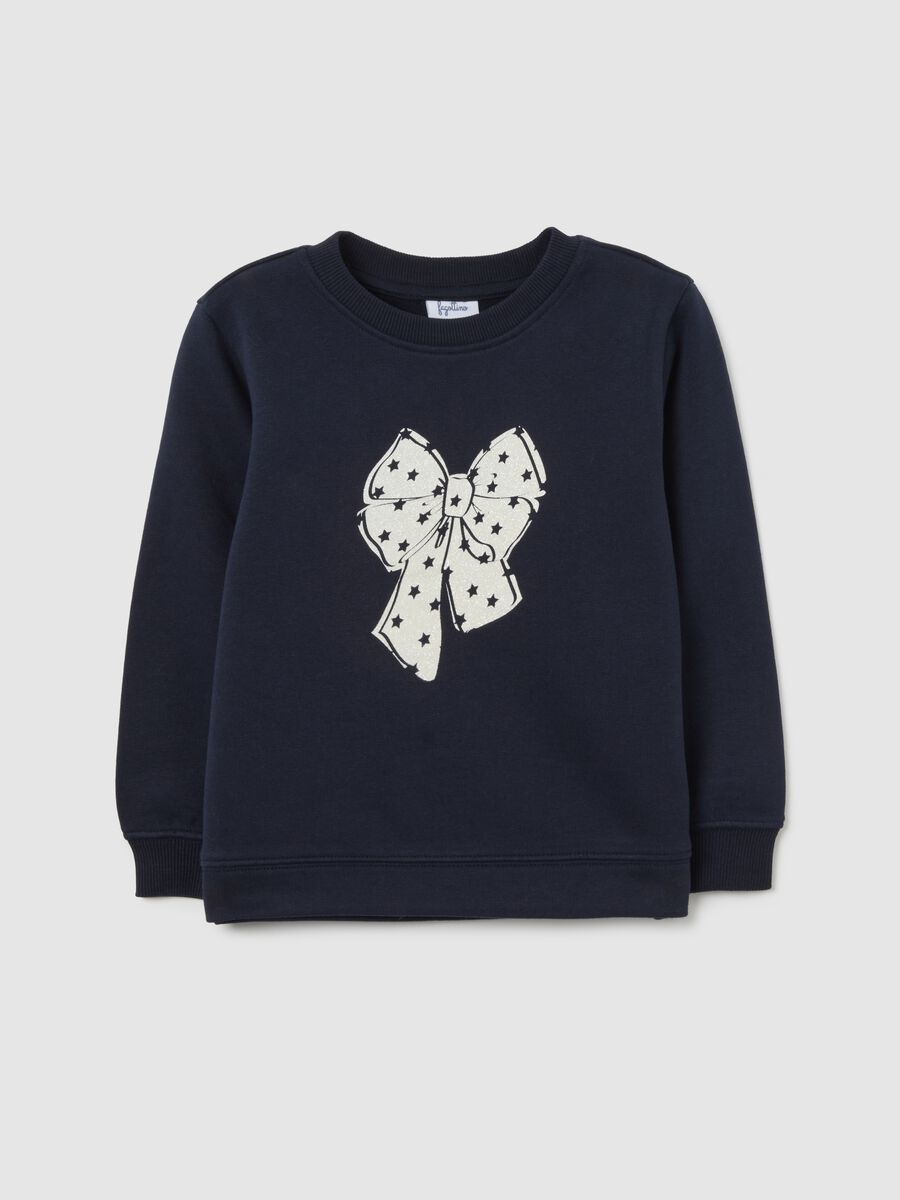 Blue girls' sweatshirt in pure cotton with bow print_0