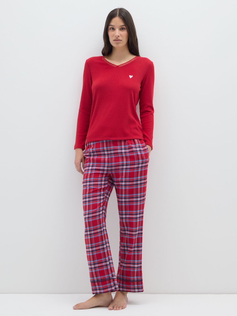Red V-neck stripe-pattern pyjama top_0