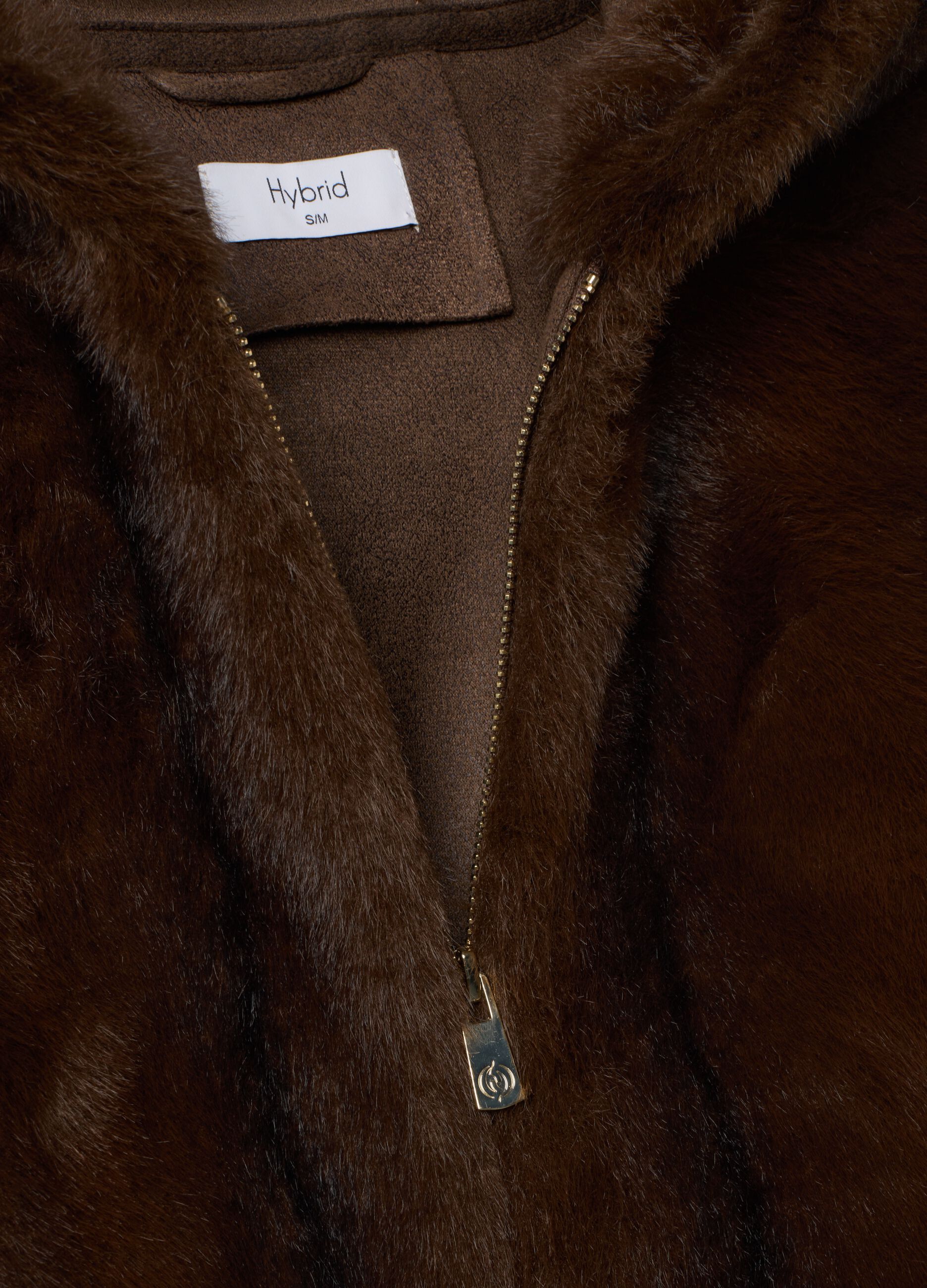 Brown regular-fit coat with hood in teddy-look fabric