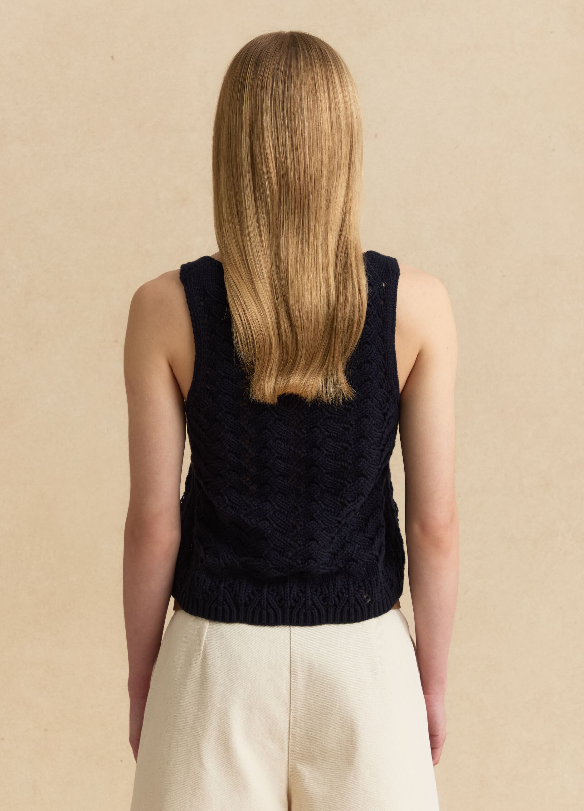 Blue pure-cotton crochet tank top