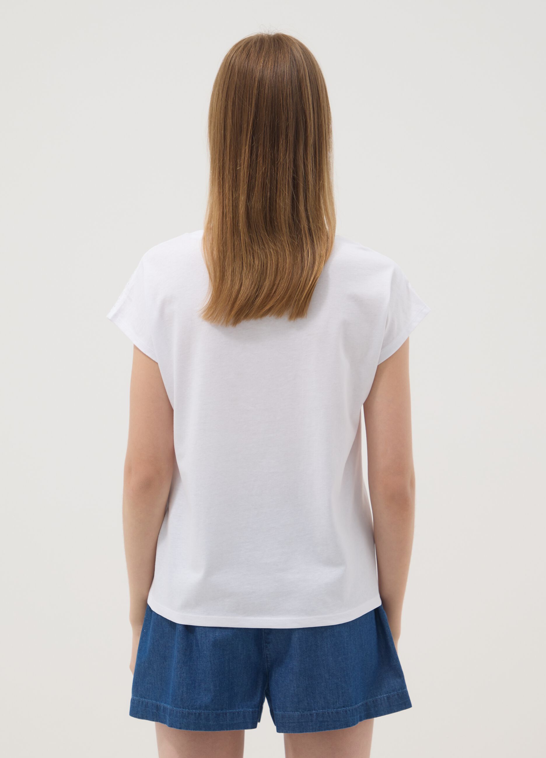 White pure cotton T-shirt with broderie anglaise detail, regular fit