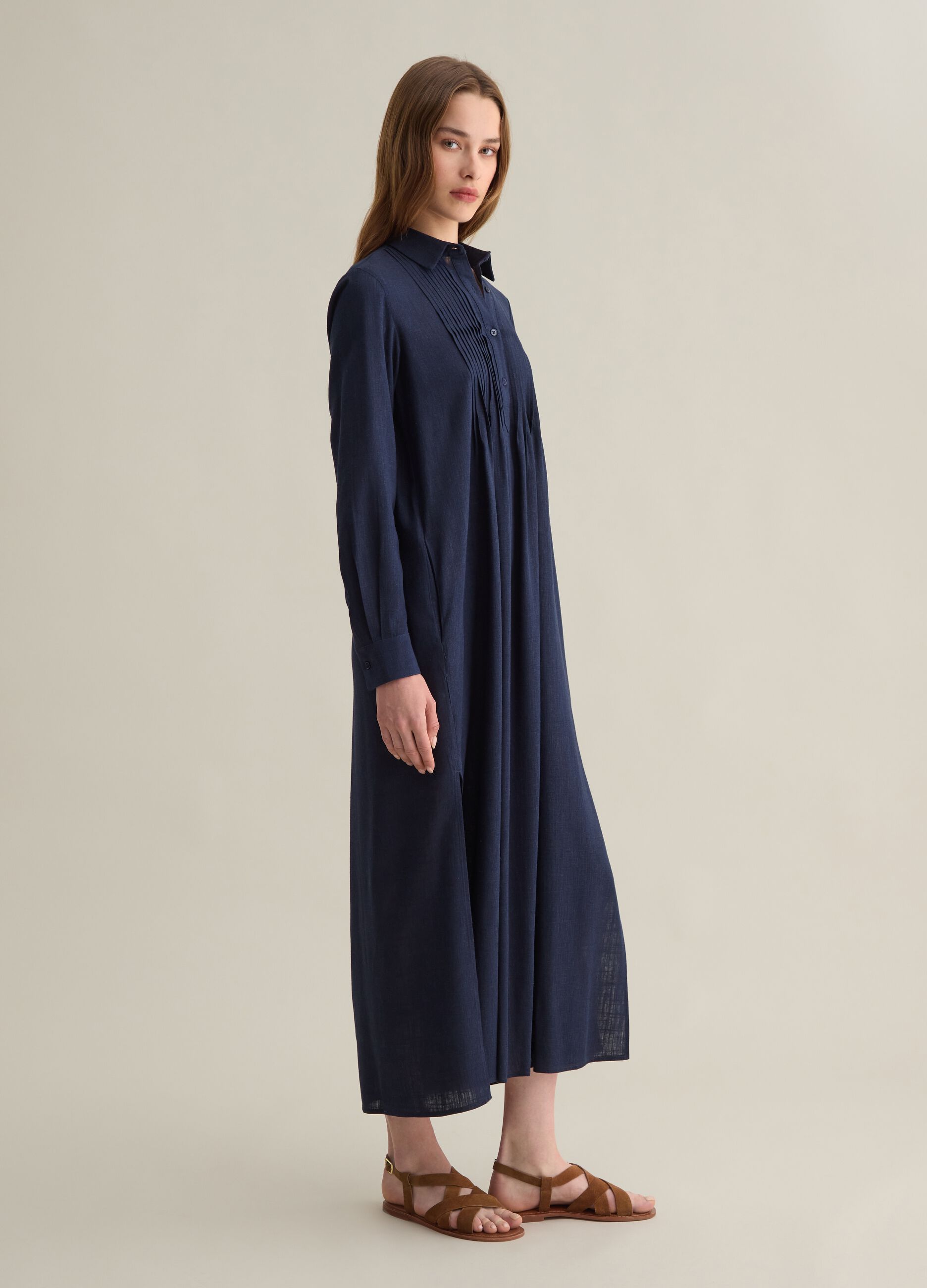 Abito lungo da donna in viscosa e lino blu wide fit