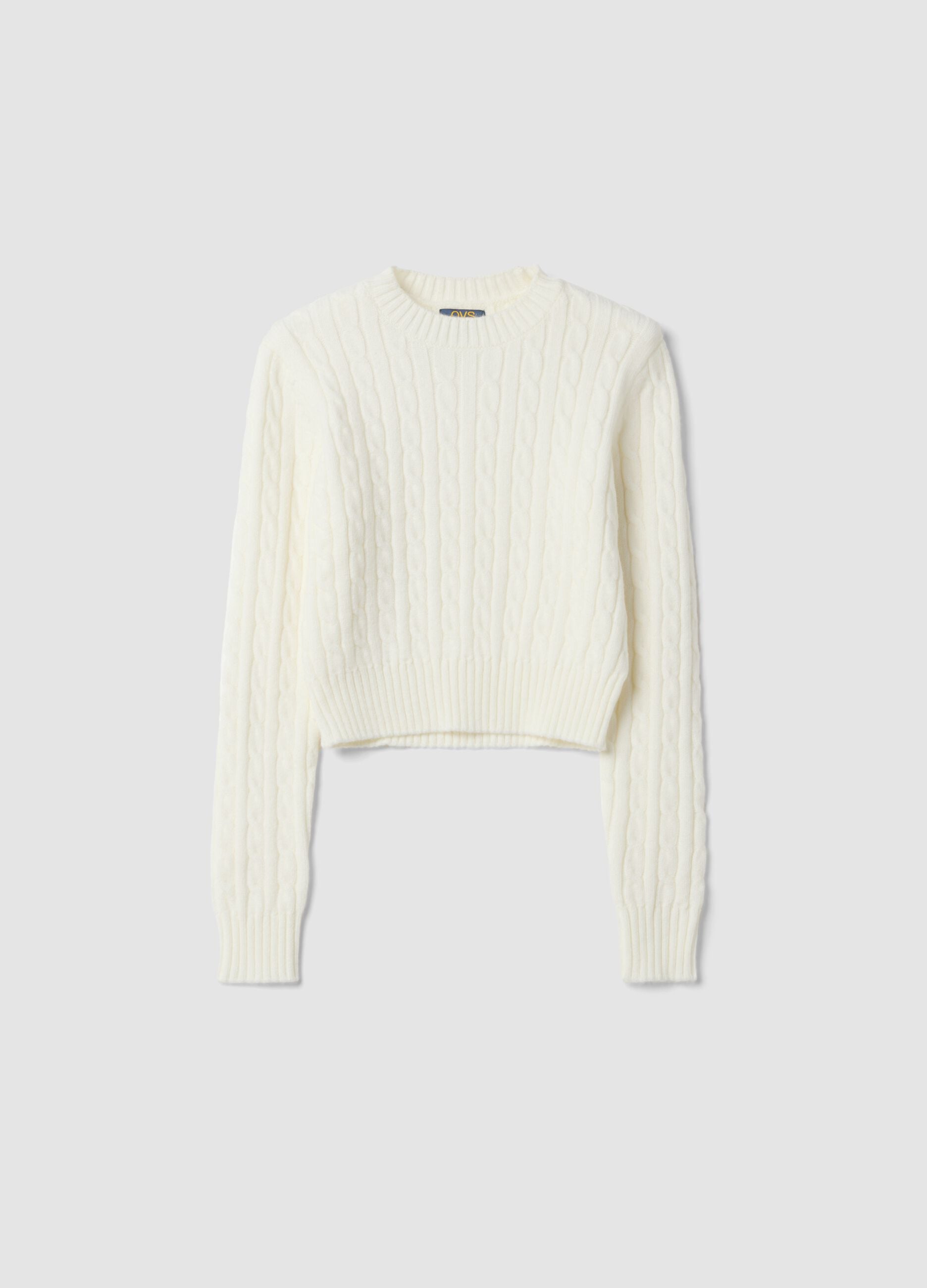 White cable-knit crew-neck jumper, regular fit