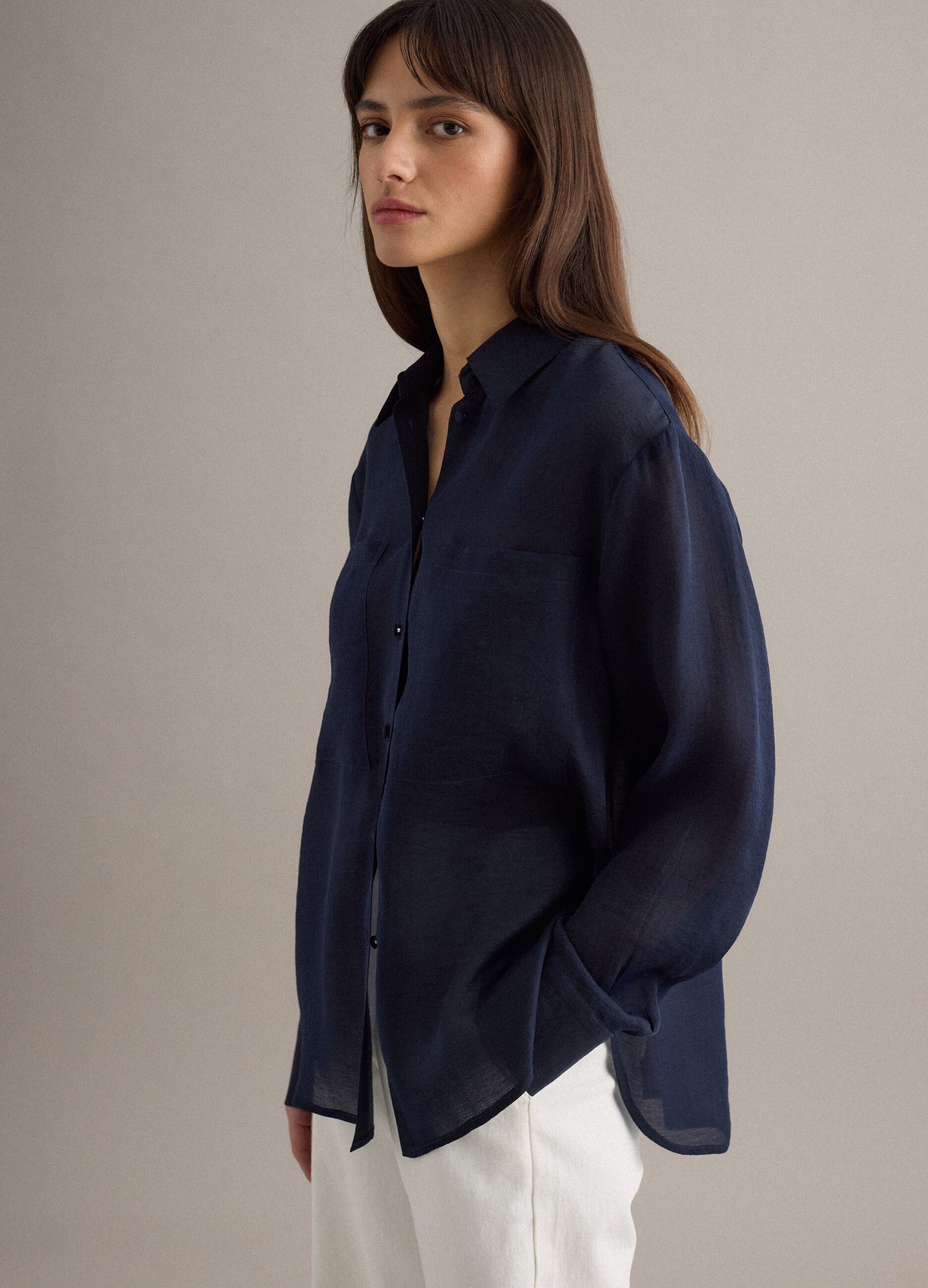 Blue long sleeve Lyocell shirt regular fit with classic collar