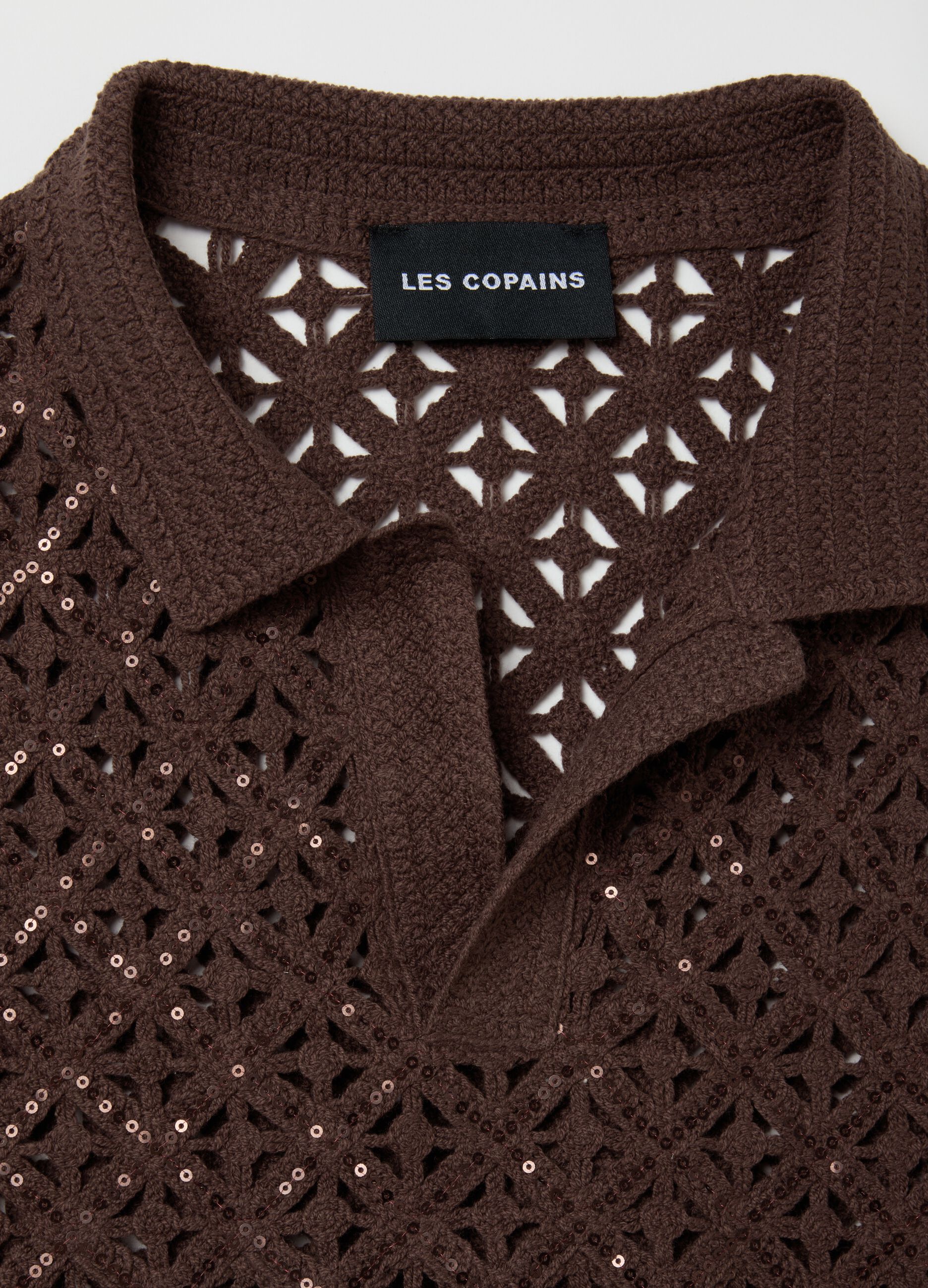 Brown cotton blend fitted women's top with sequins