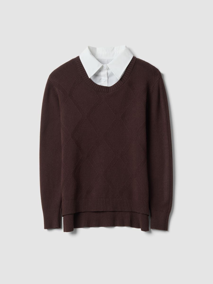 Brown viscose-blend top with shirt collar_0