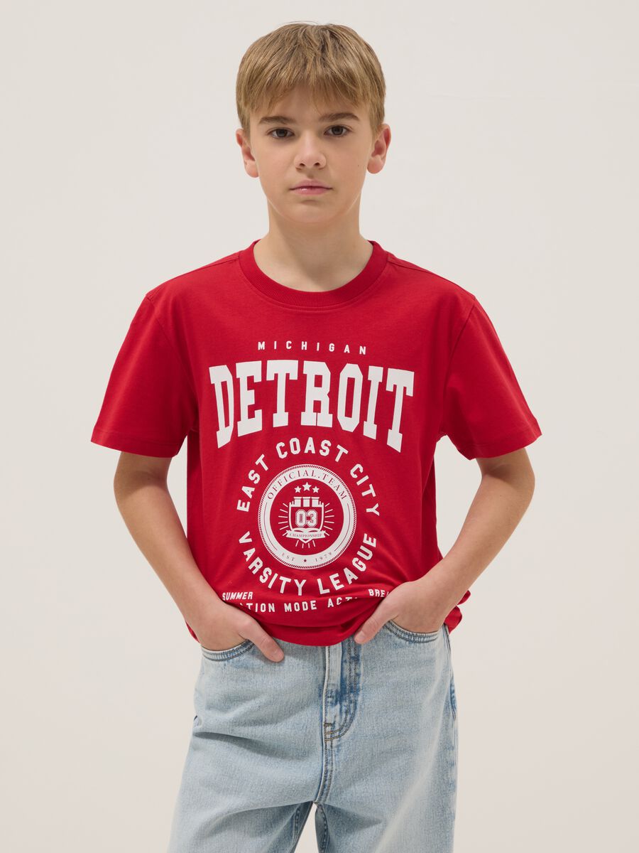 Boys' Regular Fit Pure Cotton Red T-shirt with Print_0