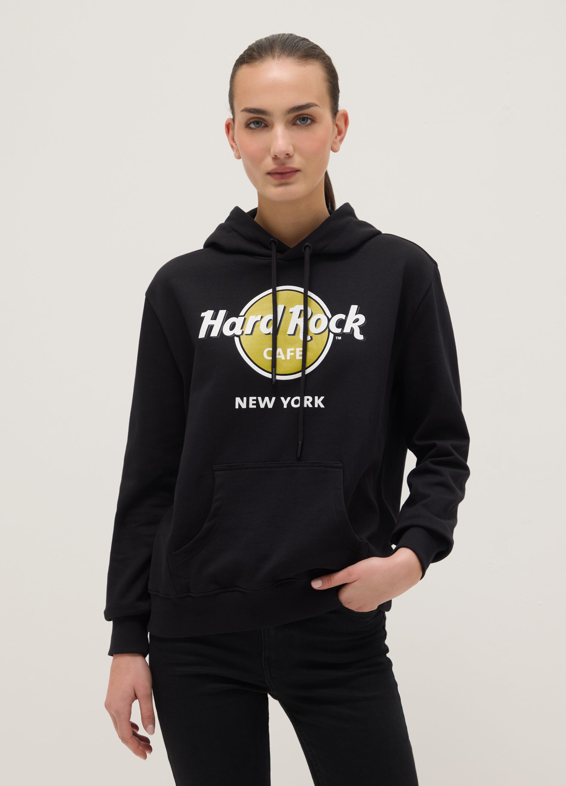 Black pure cotton regular fit hoodie with Hard Rock Cafe logo