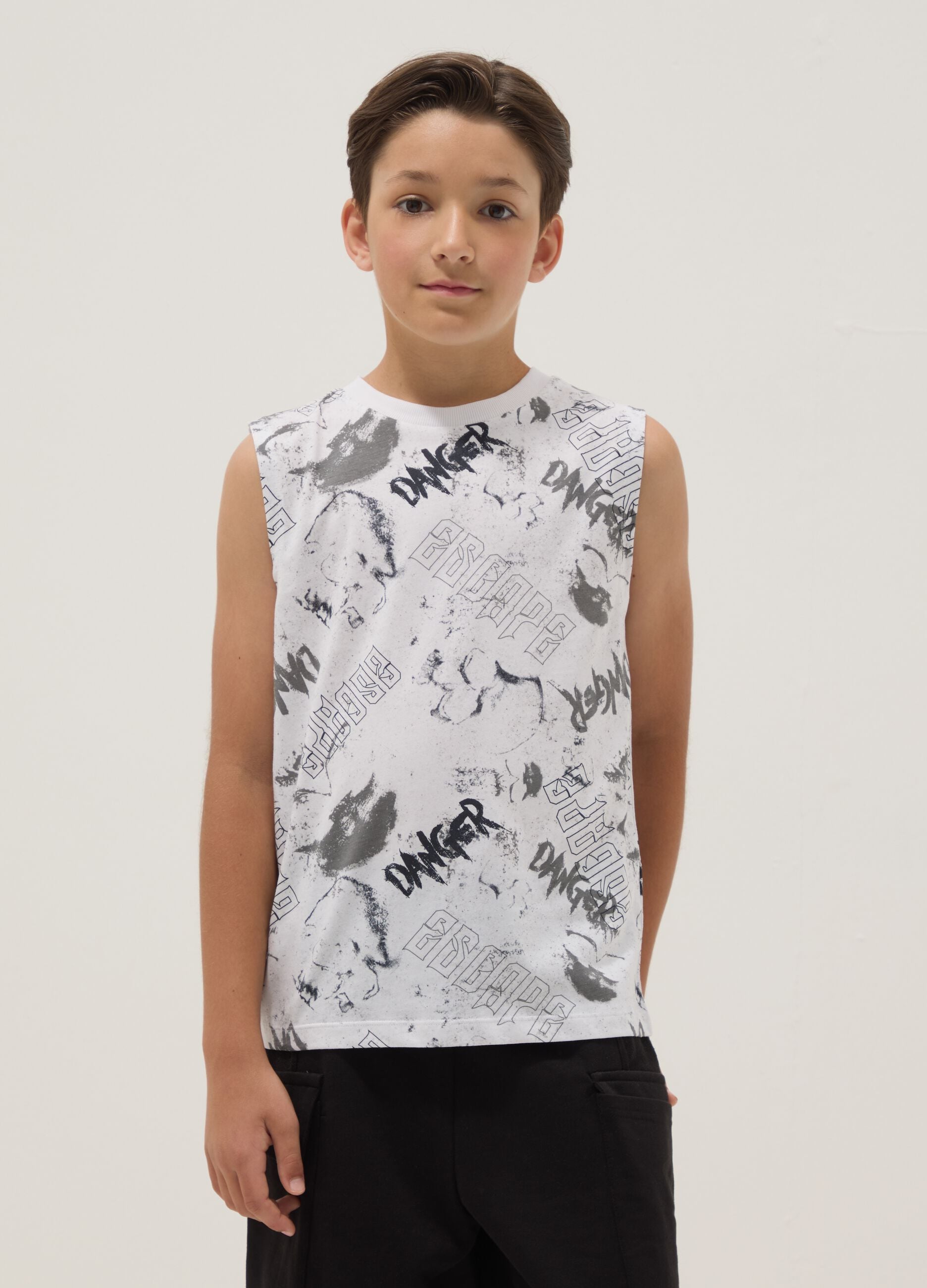 White pure cotton vest top with all-over print