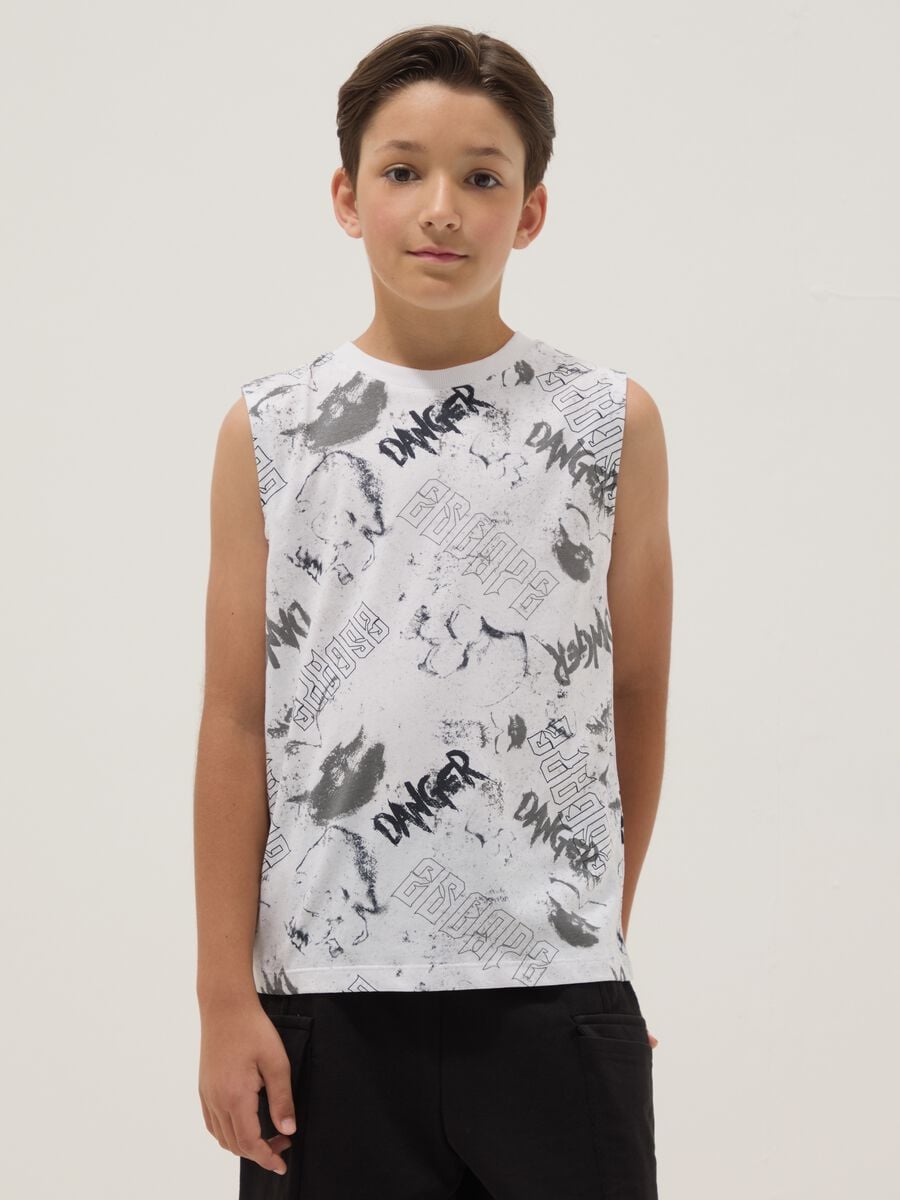 White pure cotton vest top with all-over print_0