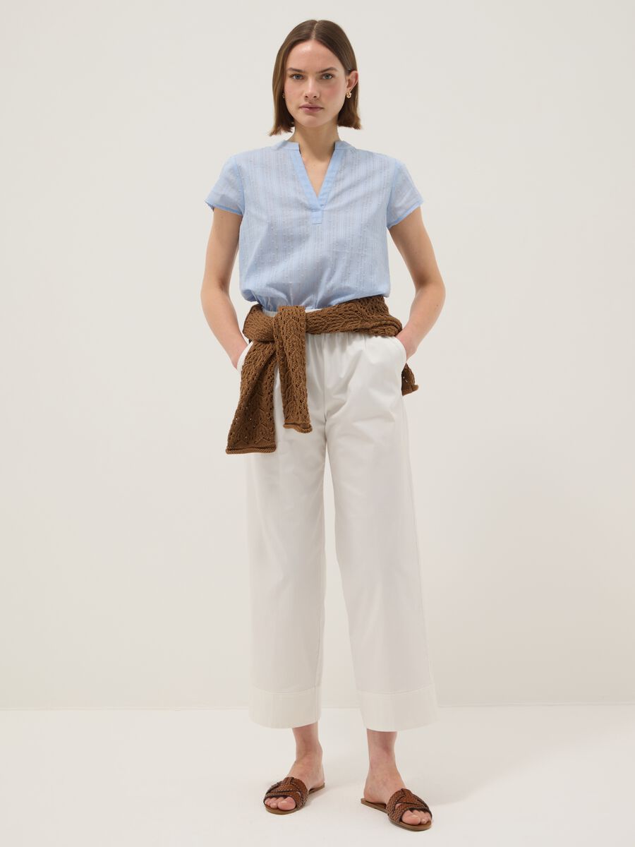 Light blue pure cotton regular fit deep V shirt with transparency_1