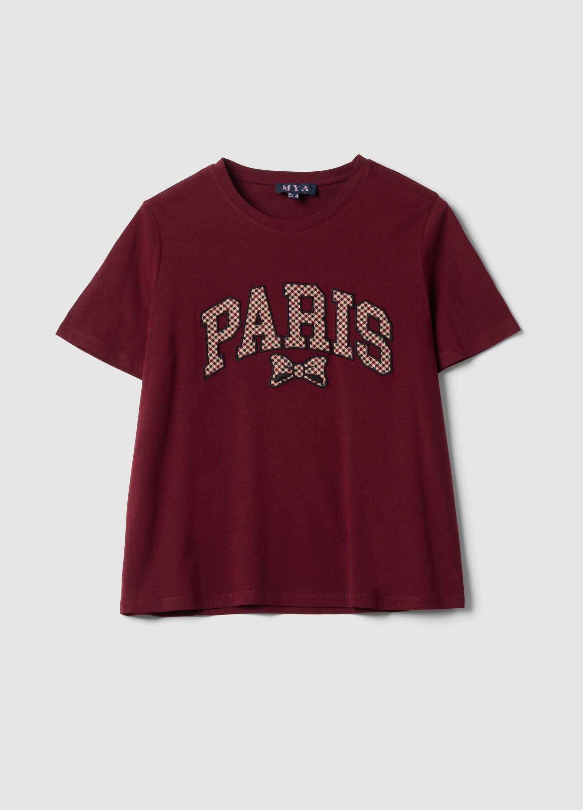 Red pure cotton crew-neck T-shirt with bow print, regular fit