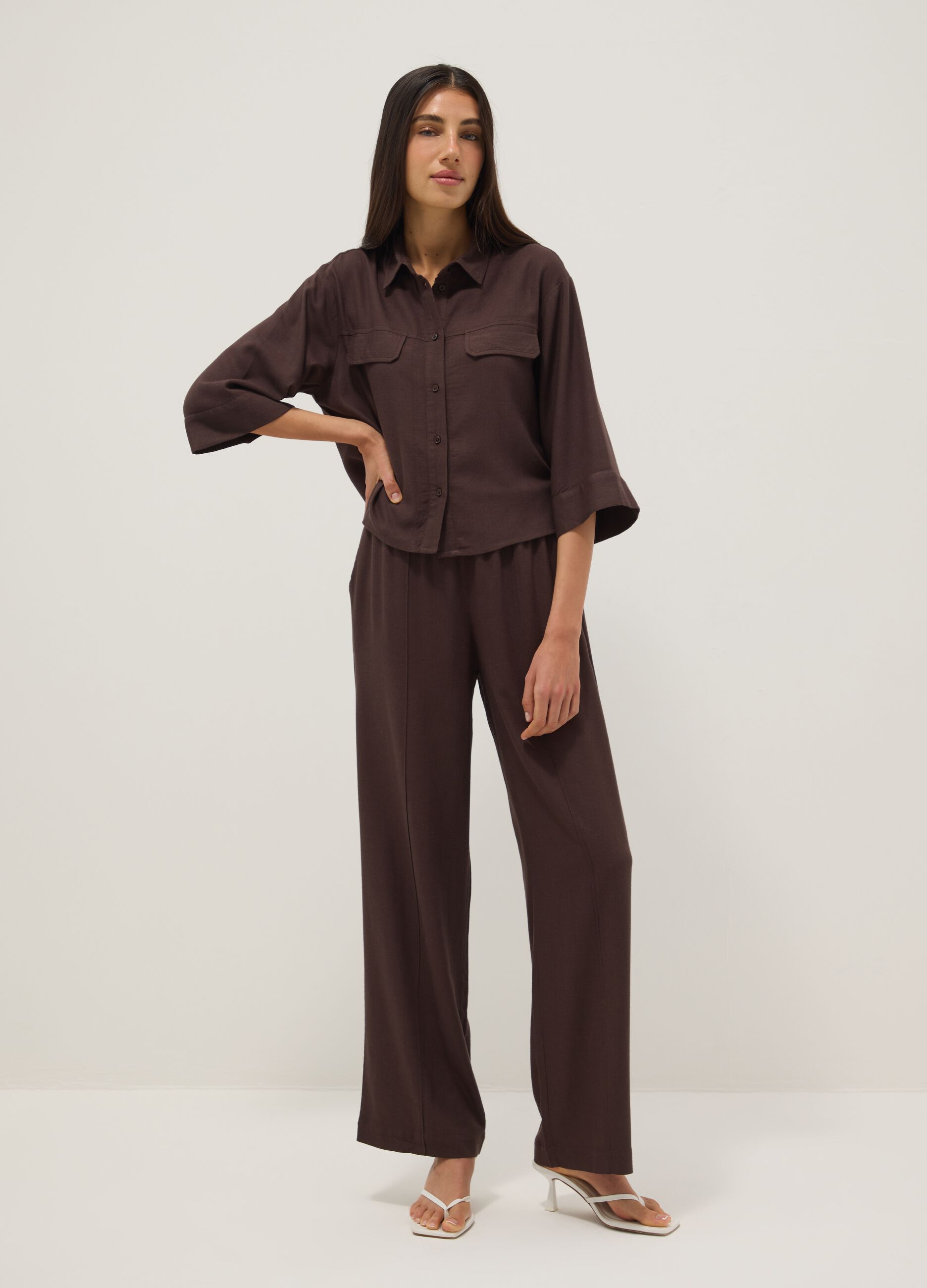 Brown viscose and linen blend shirt, regular fit