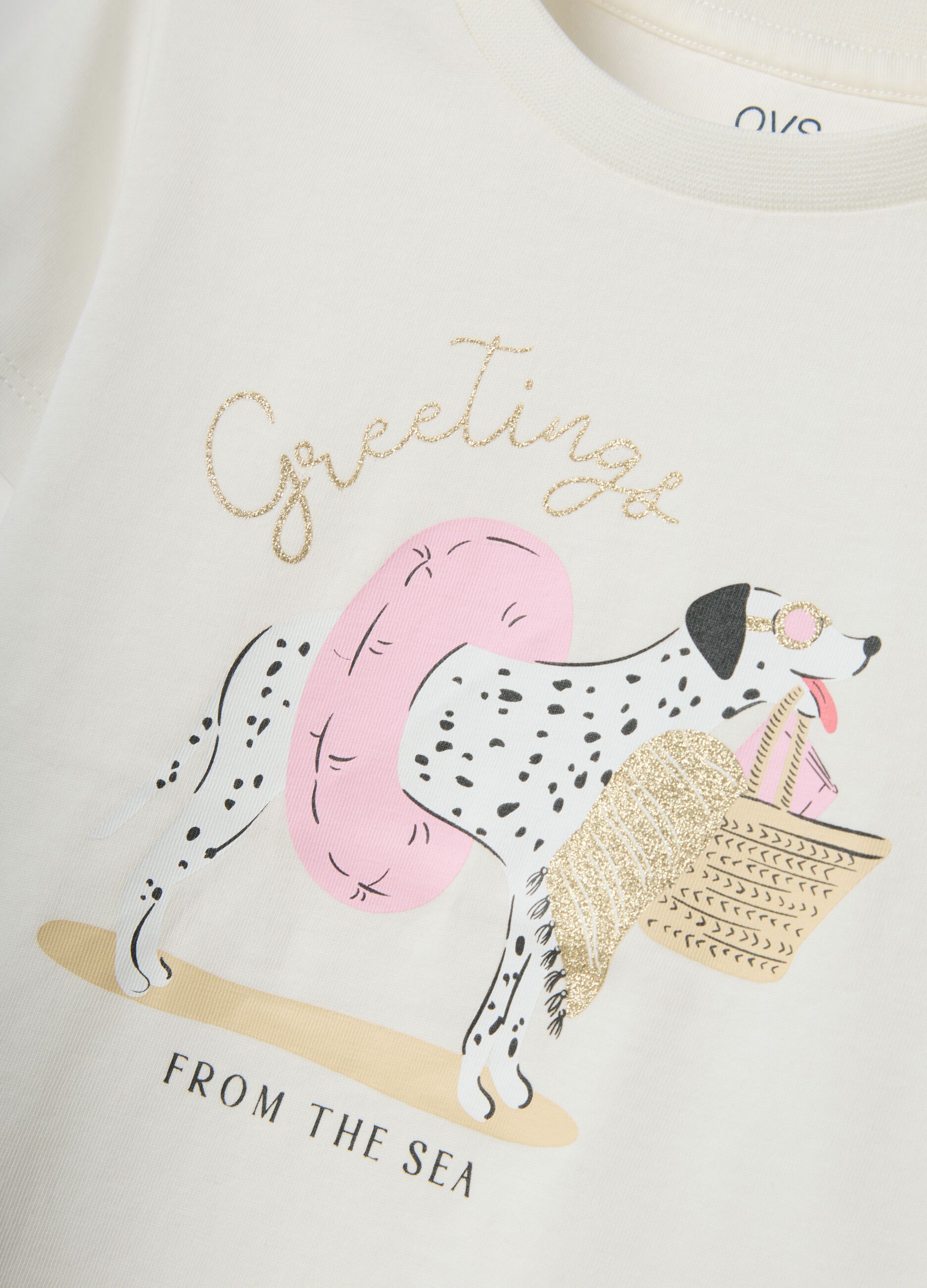 White girls&rsquo; T-shirt in pure organic cotton with print and glitter