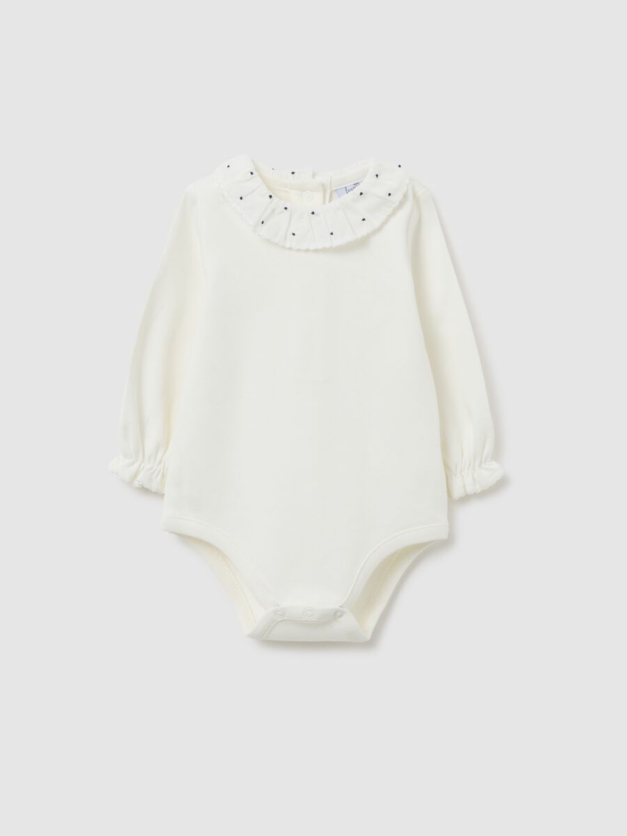 Body bianco da neonata in puro cotone con colletto a volant_0