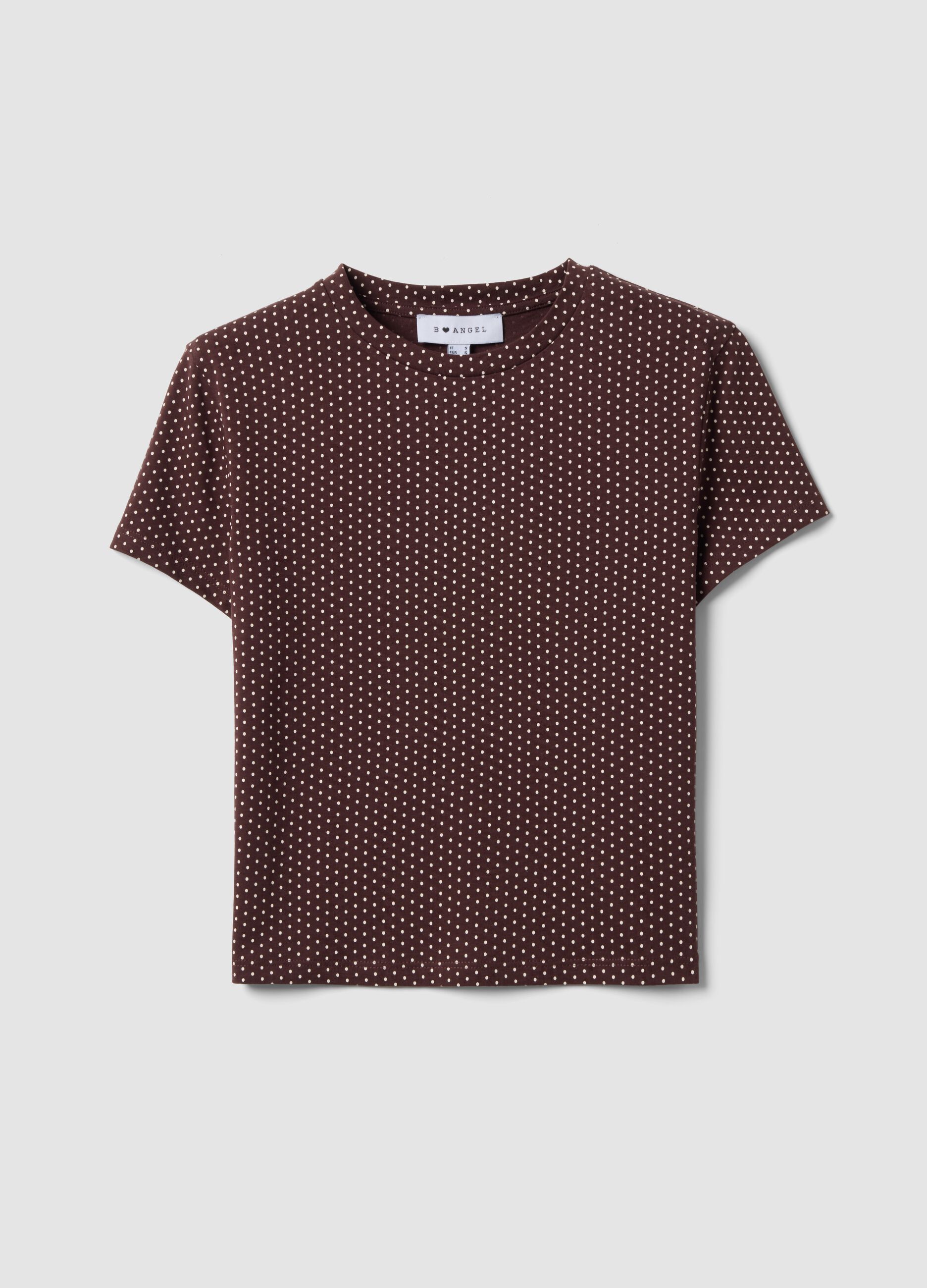 Brown polka-dot cropped pure cotton T-shirt, regular fit